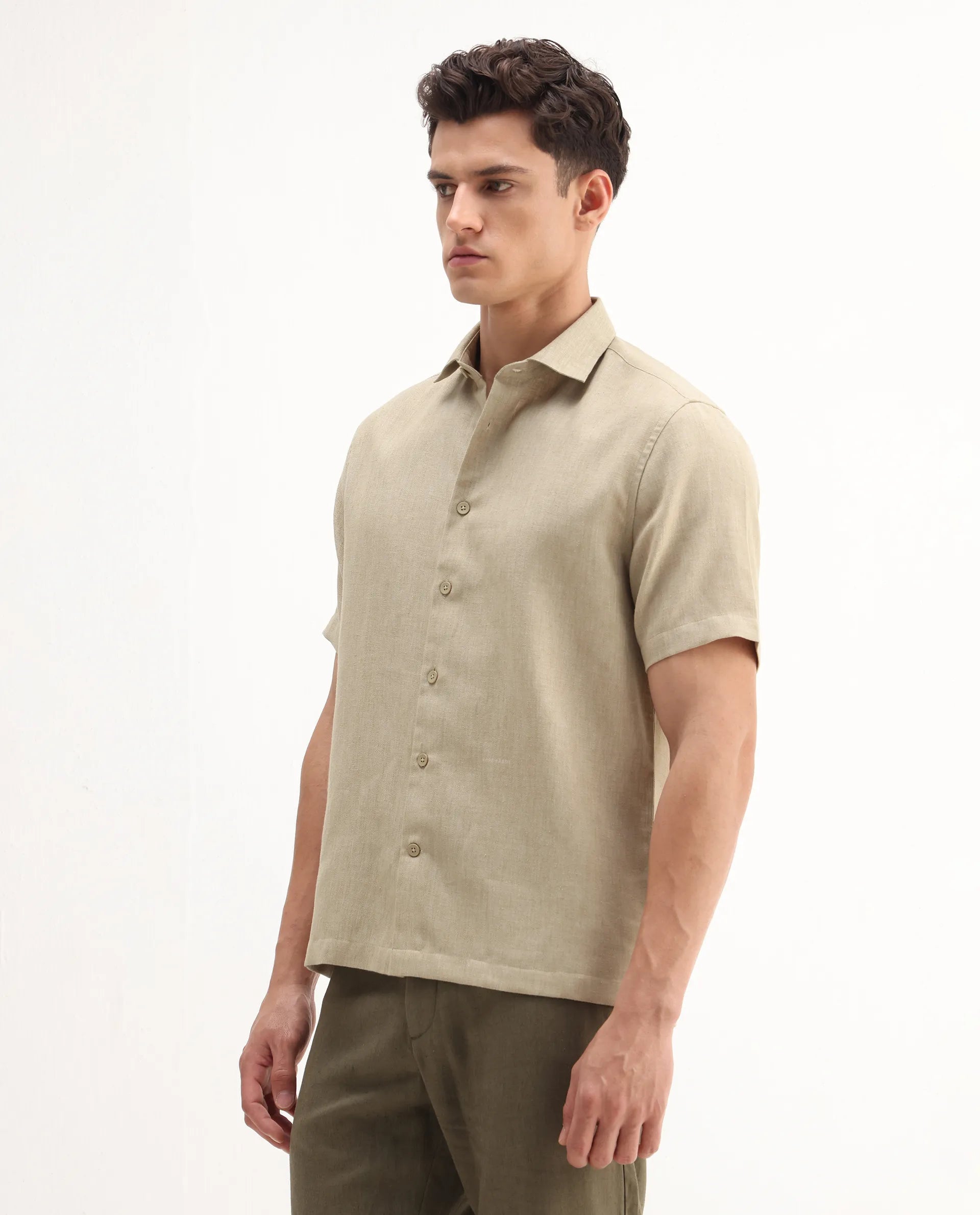 Rare Rabbit Men's Rome-Ss - Dusky Beige Polyester Plain Regular Fit Half Sleeve Collared Shirt