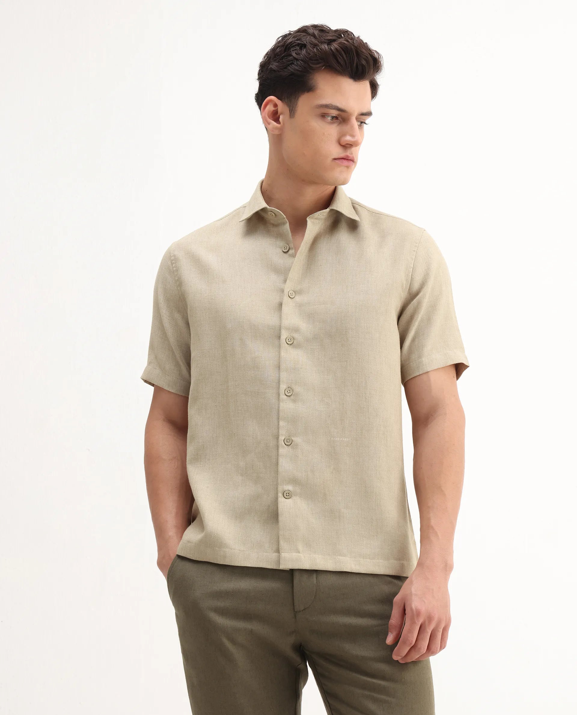 Rare Rabbit Men's Rome-Ss - Dusky Beige Polyester Plain Regular Fit Half Sleeve Collared Shirt