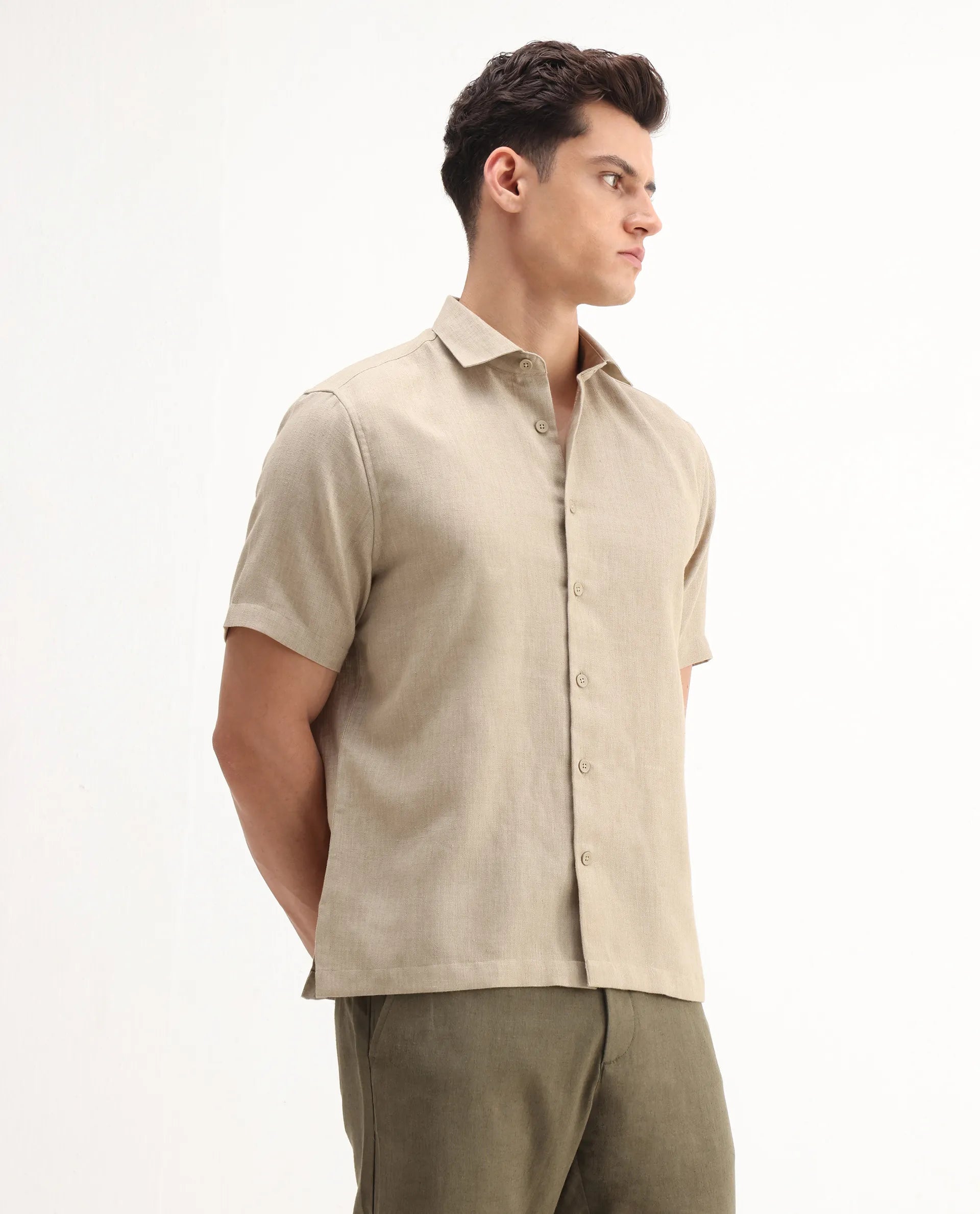 Rare Rabbit Men's Rome-Ss - Dusky Beige Polyester Plain Regular Fit Half Sleeve Collared Shirt