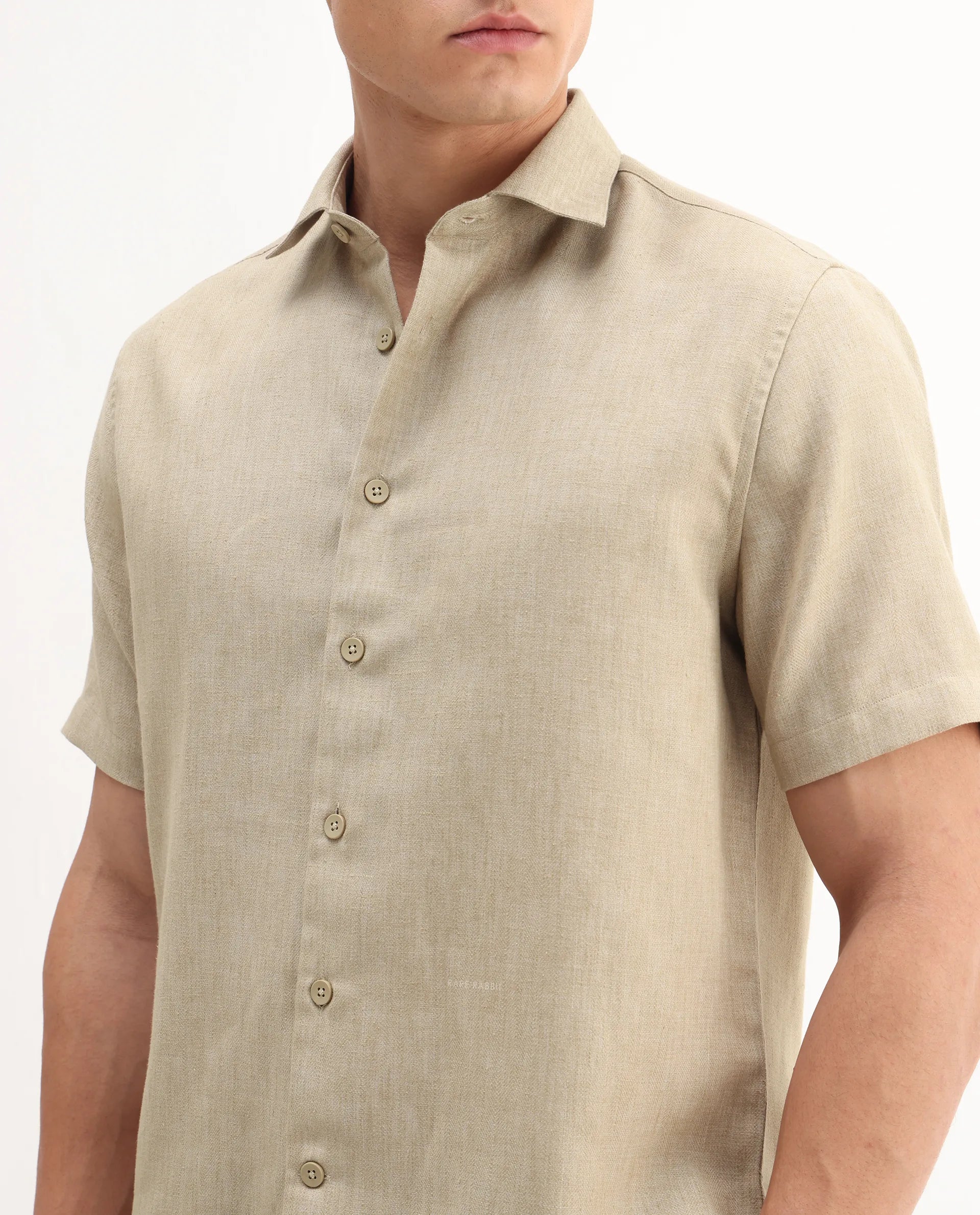 Rare Rabbit Men's Rome-Ss - Dusky Beige Polyester Plain Regular Fit Half Sleeve Collared Shirt