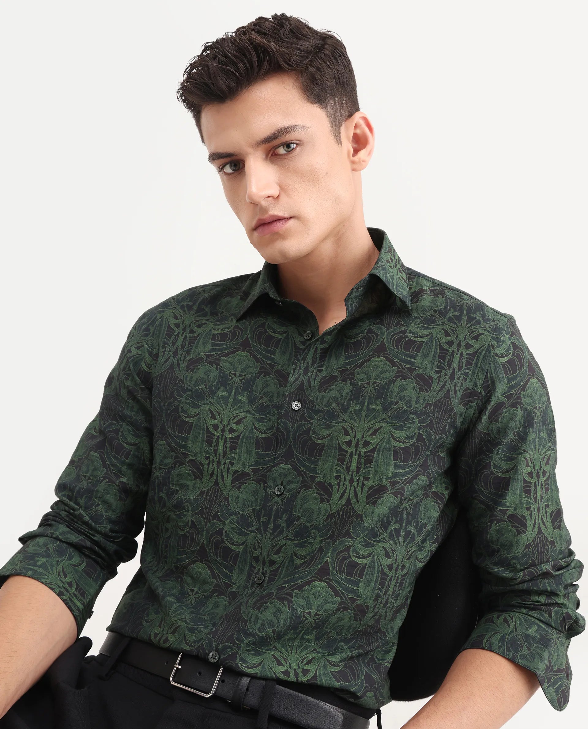 Rare Rabbit Men's Romo Black Viscose Blend Floral Print Regular Fit Full Sleeve Collared Shirt