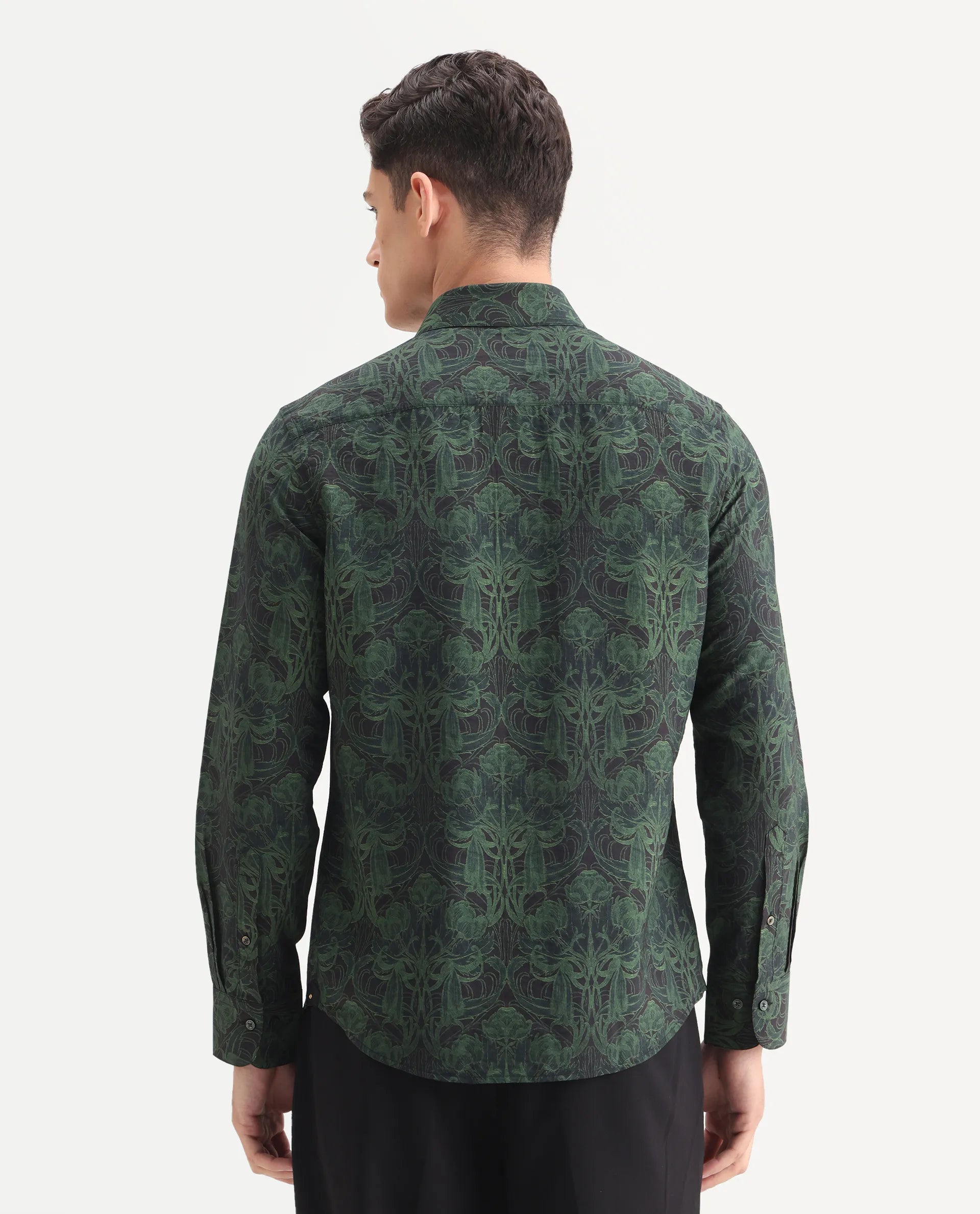 Rare Rabbit Men's Romo Black Viscose Blend Floral Print Regular Fit Full Sleeve Collared Shirt
