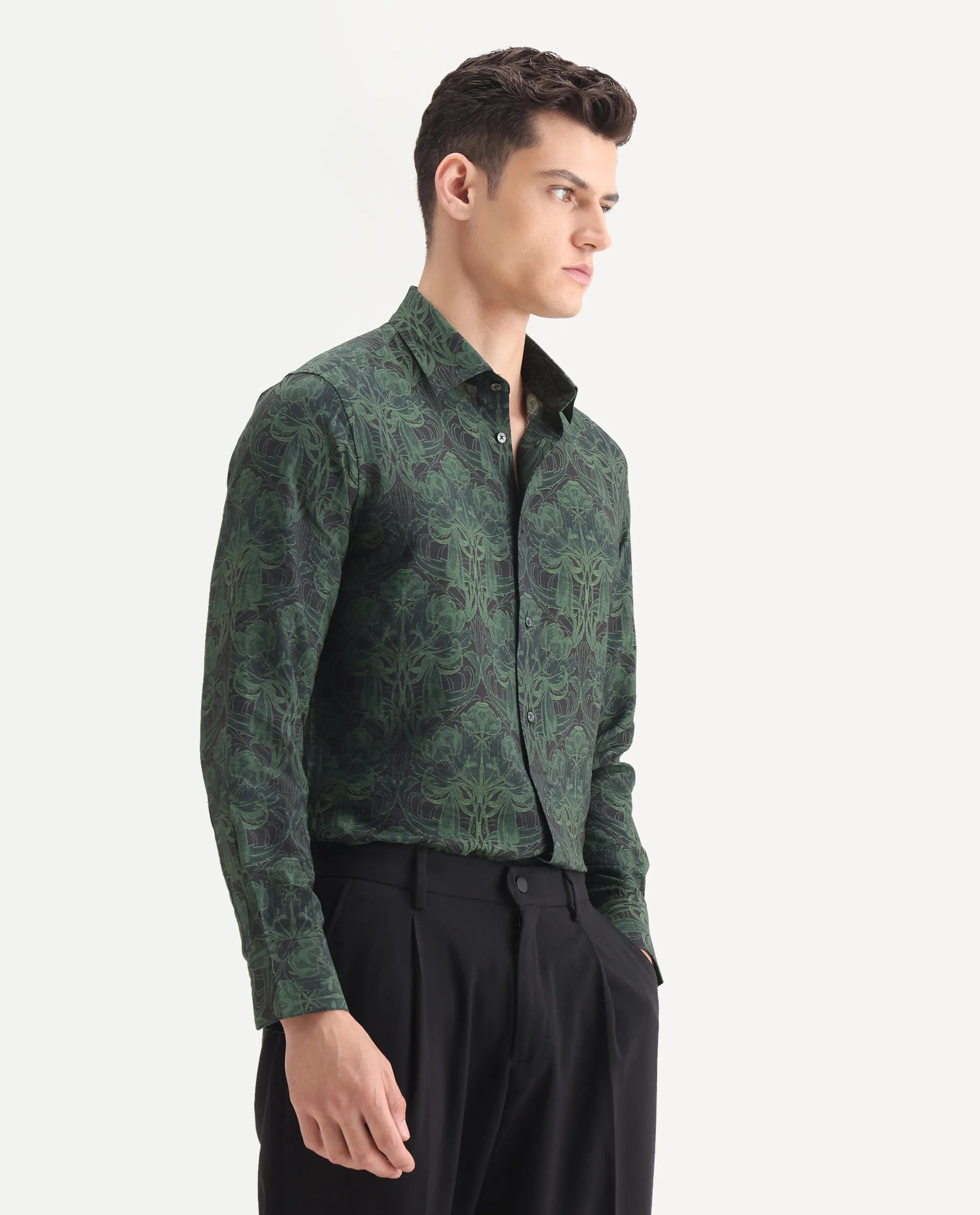Rare Rabbit Men's Romo Black Viscose Blend Floral Print Regular Fit Full Sleeve Collared Shirt
