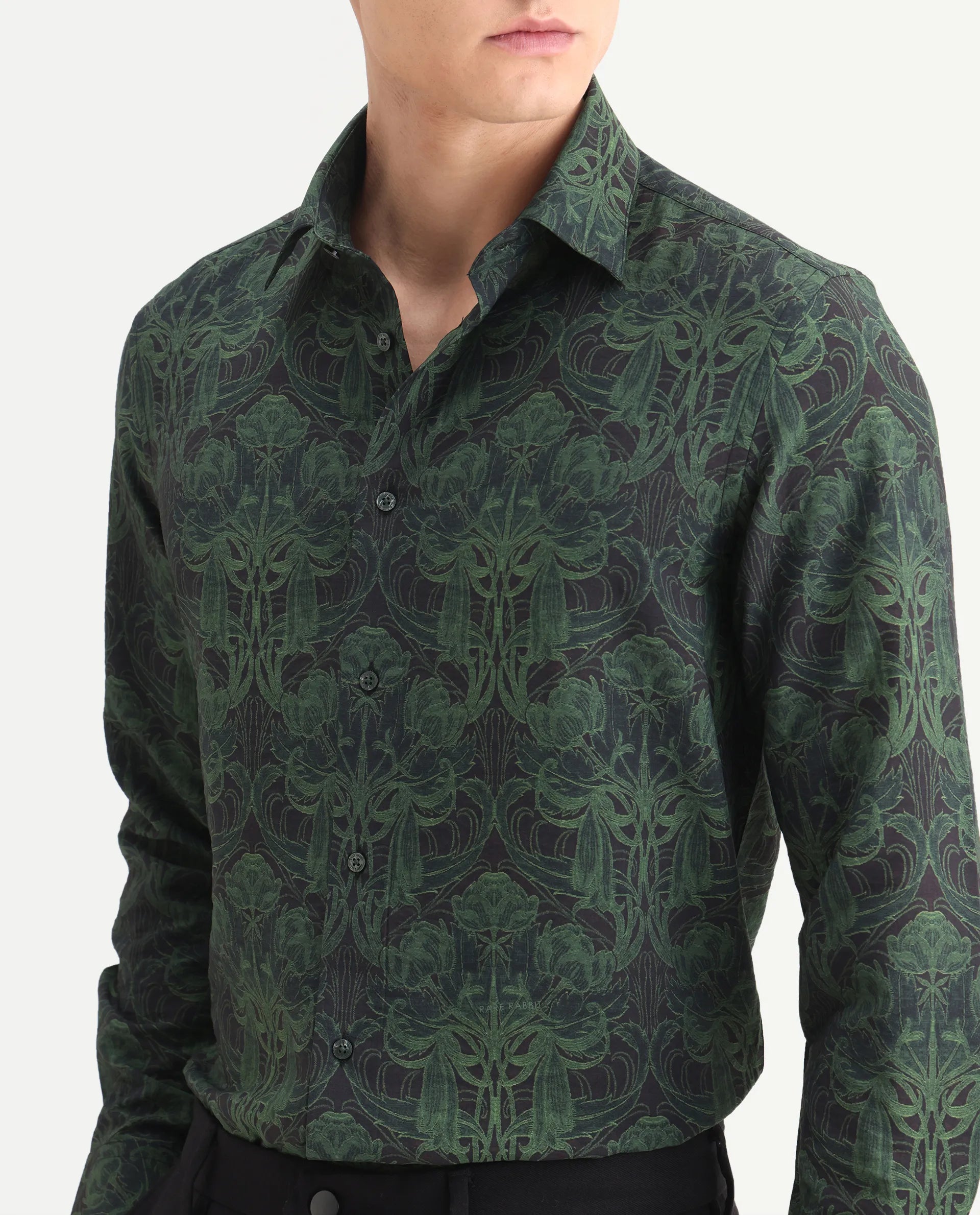 Rare Rabbit Men's Romo Black Viscose Blend Floral Print Regular Fit Full Sleeve Collared Shirt