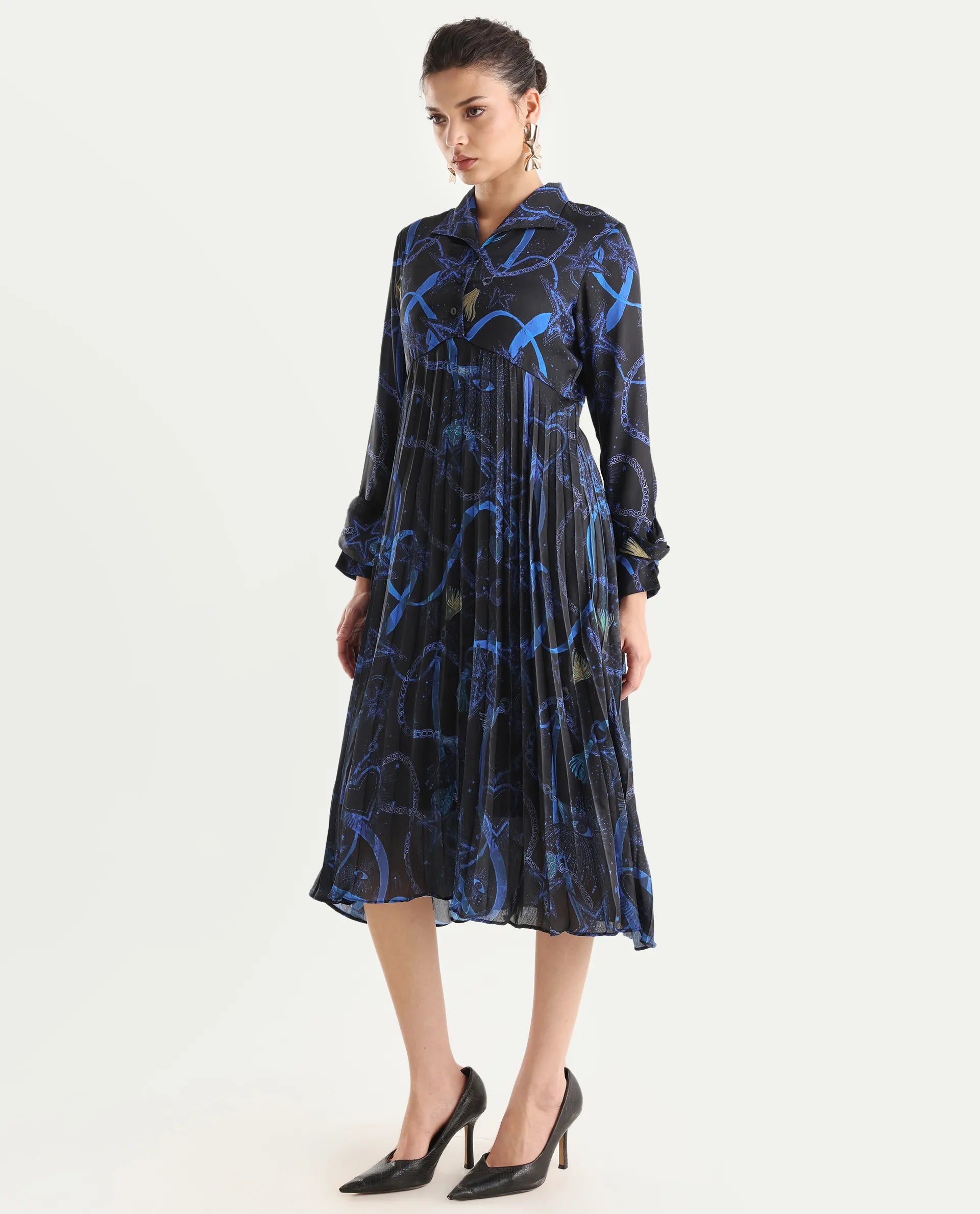 Rareism Women's Romros Dark Multi Satin Drop Collar Abstract Print Cuffed Sleeve Midi Flared Dress