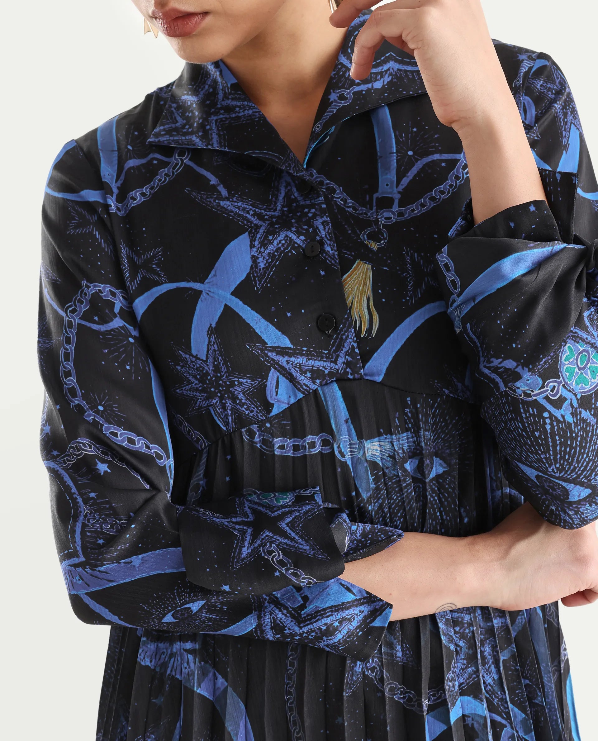 Rareism Women's Romros Dark Multi Satin Drop Collar Abstract Print Cuffed Sleeve Midi Flared Dress