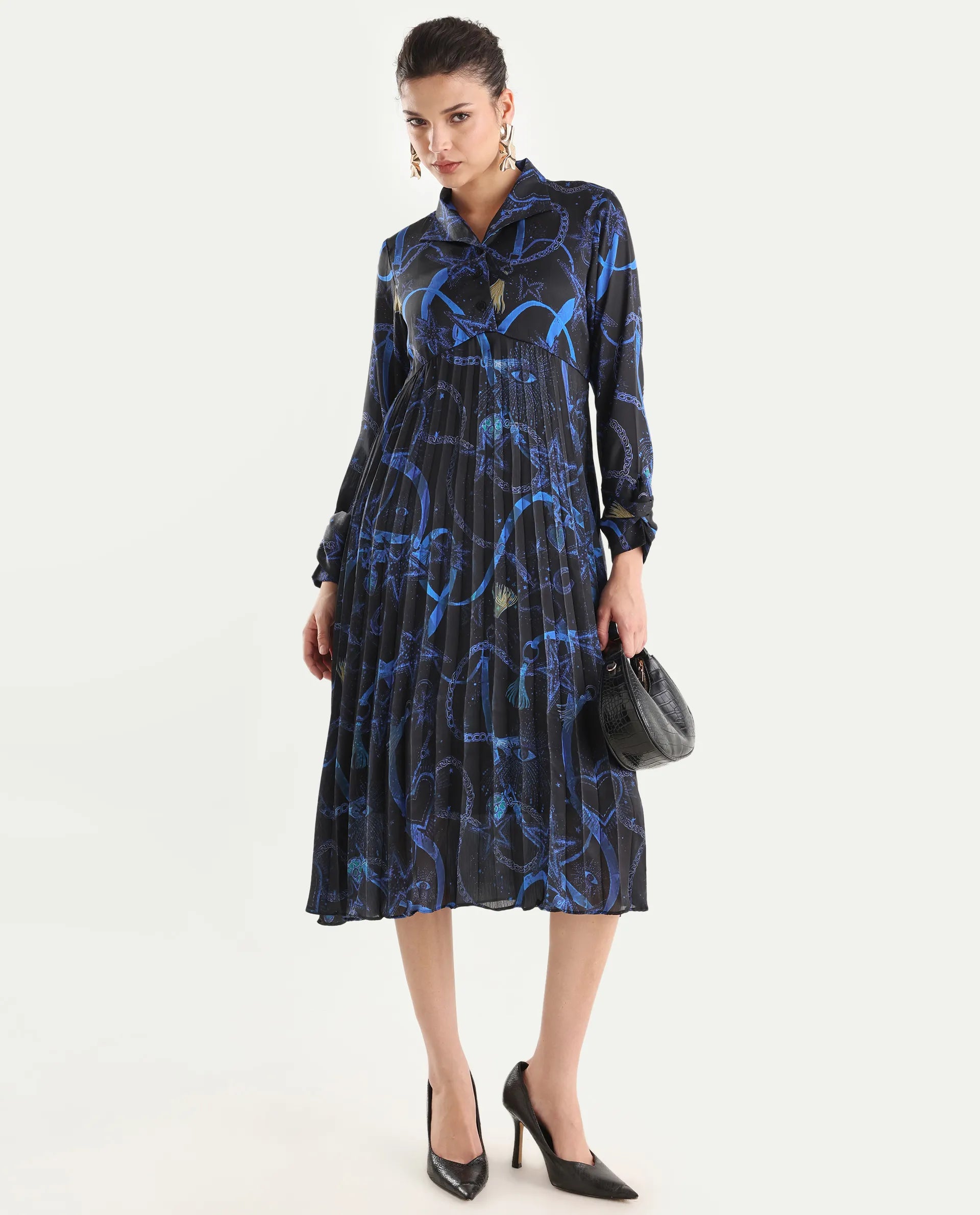 Rareism Women's Romros Dark Multi Satin Drop Collar Abstract Print Cuffed Sleeve Midi Flared Dress