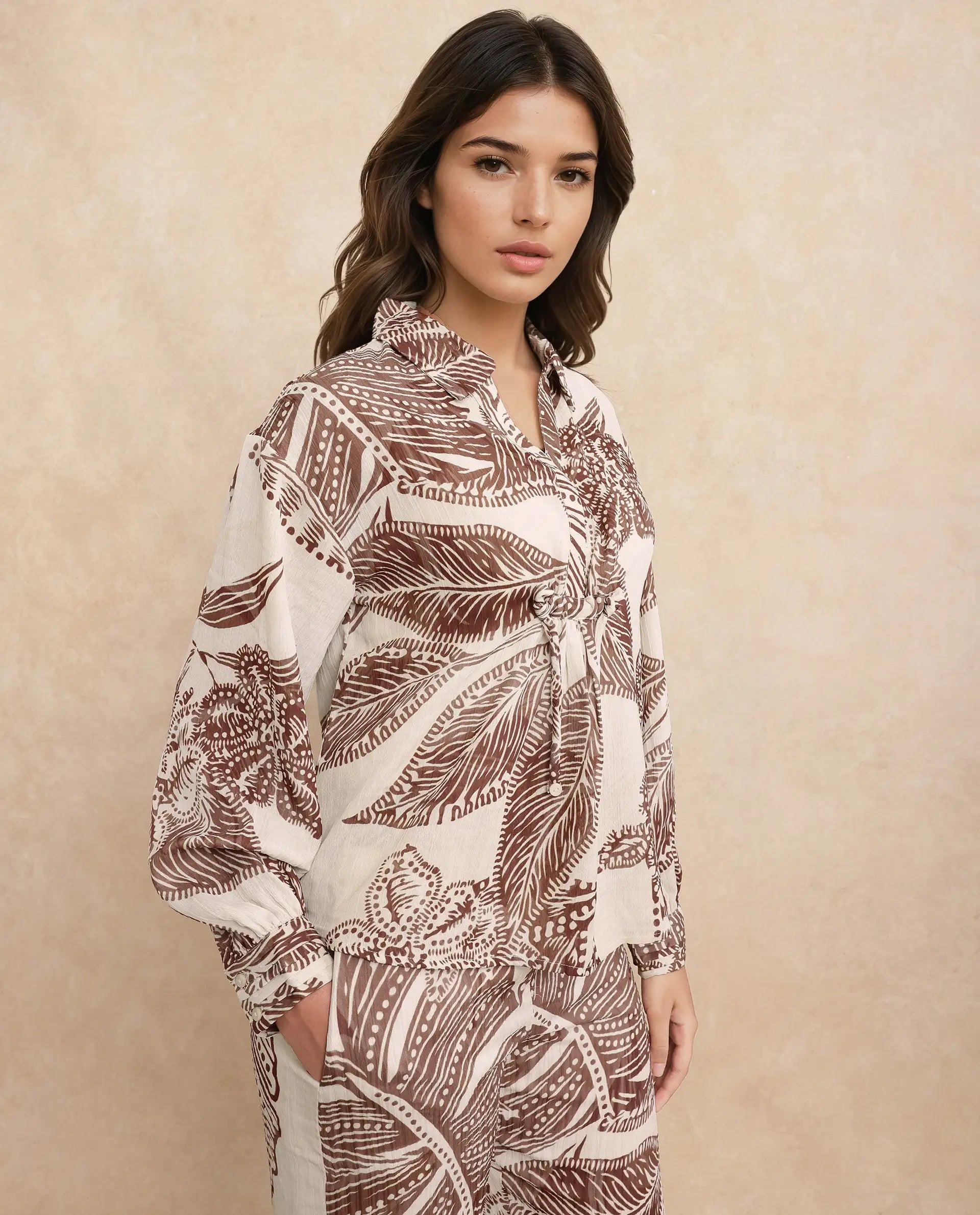 Rareism Women Ron-T Beige Polyester Fabric Bishop Sleeves Collared Neck Relaxed Fit Floral Print Top