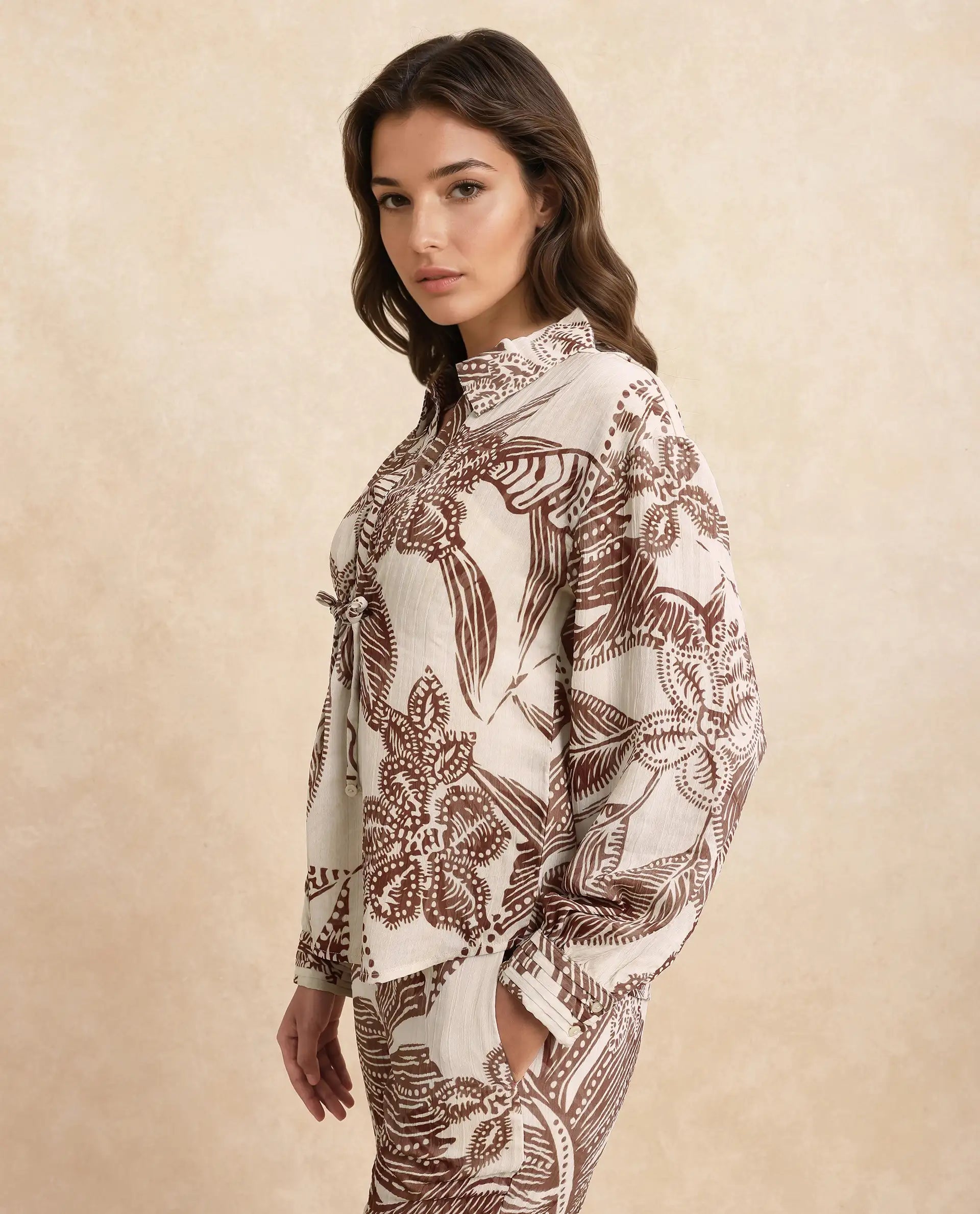 Rareism Women Ron-T Beige Polyester Fabric Bishop Sleeves Collared Neck Relaxed Fit Floral Print Top