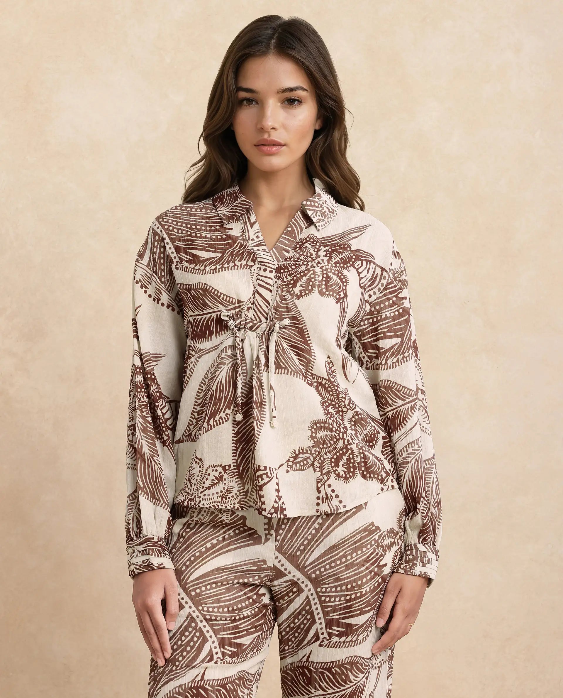 Rareism Women Ron-T Beige Polyester Fabric Bishop Sleeves Collared Neck Relaxed Fit Floral Print Top