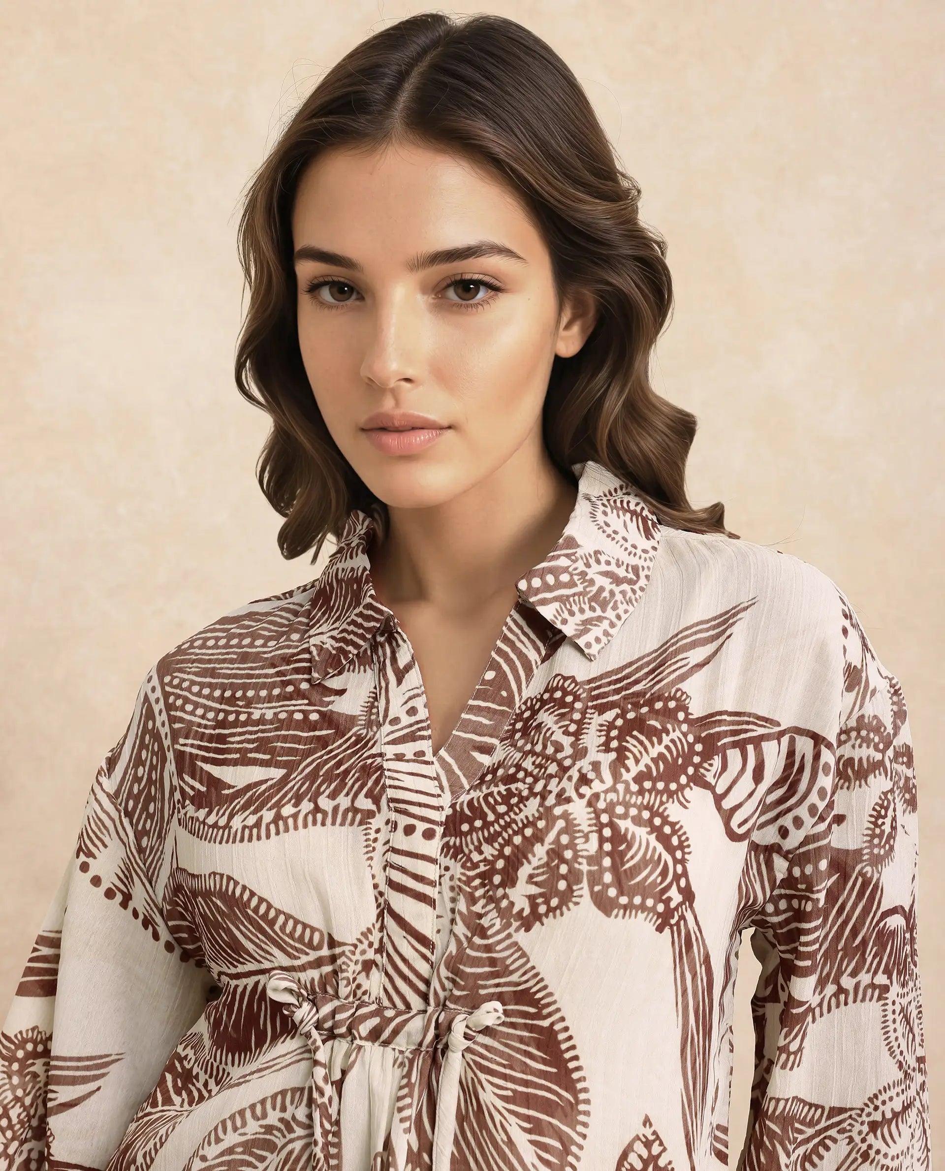 Rareism Women Ron-T Beige Polyester Fabric Bishop Sleeves Collared Neck Relaxed Fit Floral Print Top