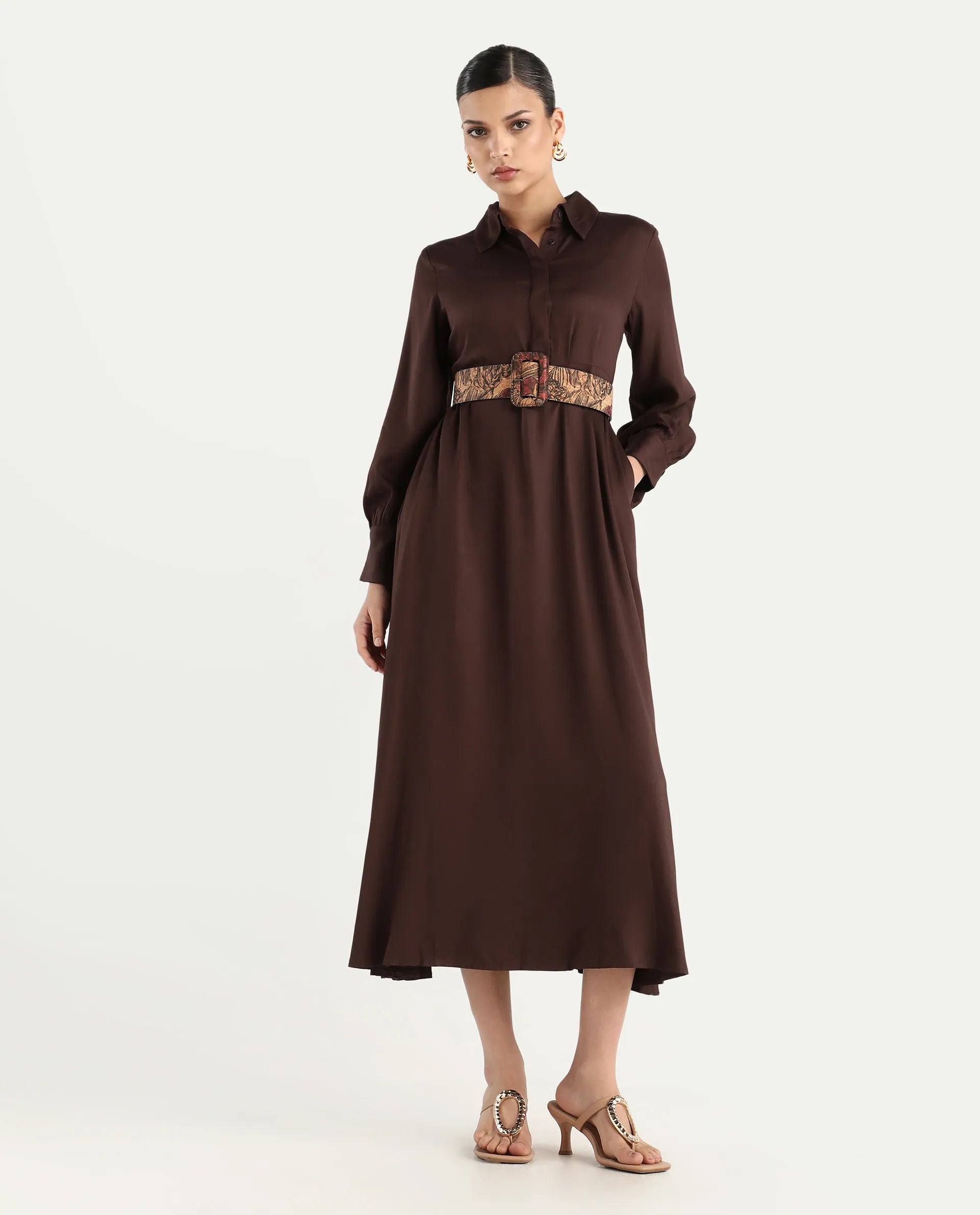 Rareism Women's Ronae Brown Viscose Spread Collar Plain Cuffed Sleeve Maxi Flared Dress