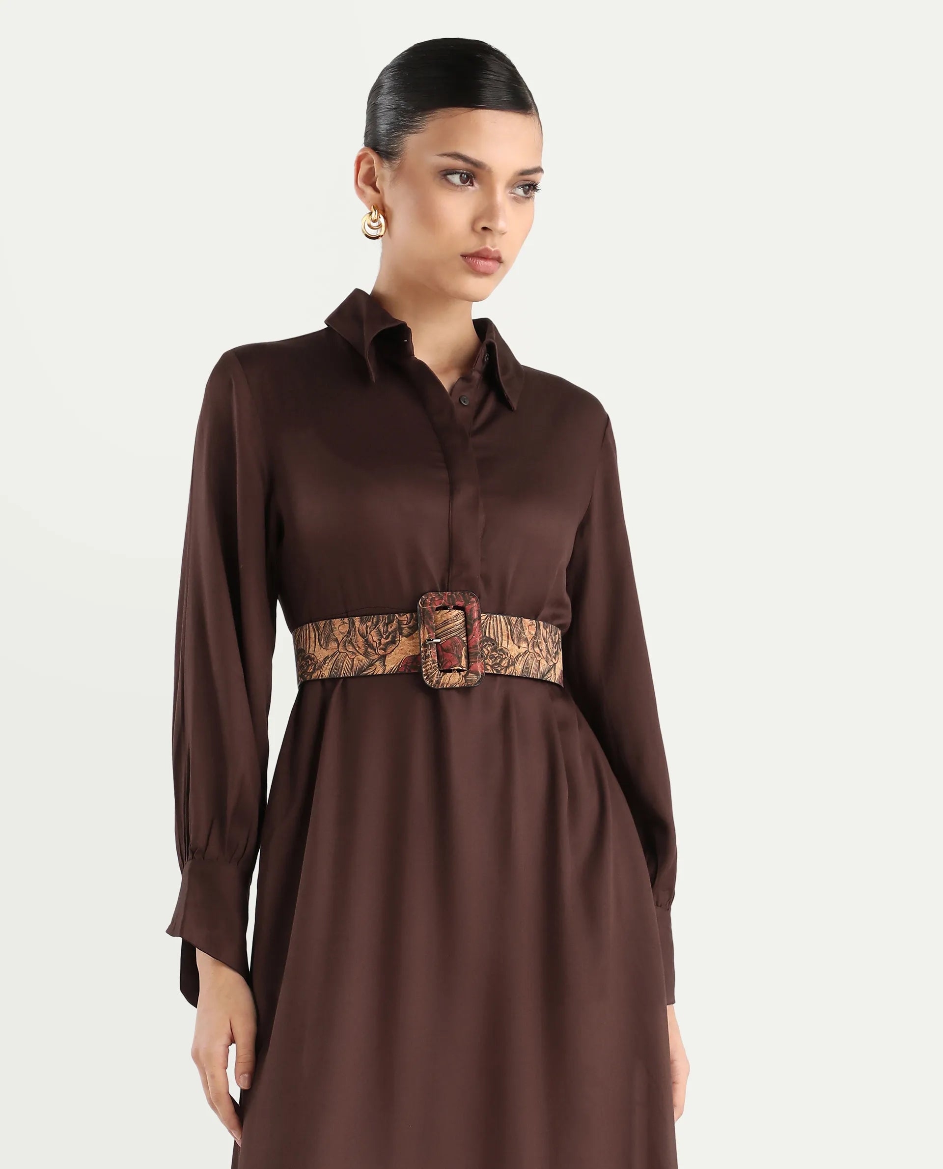 Rareism Women's Ronae Brown Viscose Spread Collar Plain Cuffed Sleeve Maxi Flared Dress