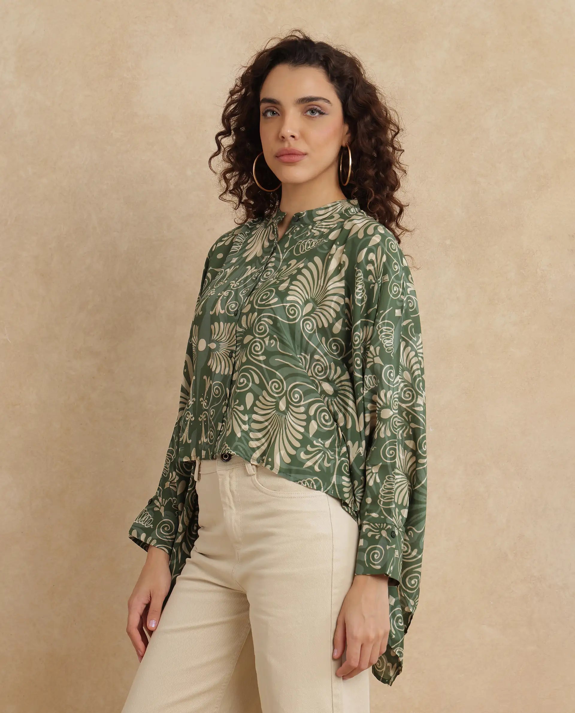 Rareism Women Rona Green Viscose Fabric Cuffed Sleeve Band Collar Relaxed Fit Ornamental Print Top