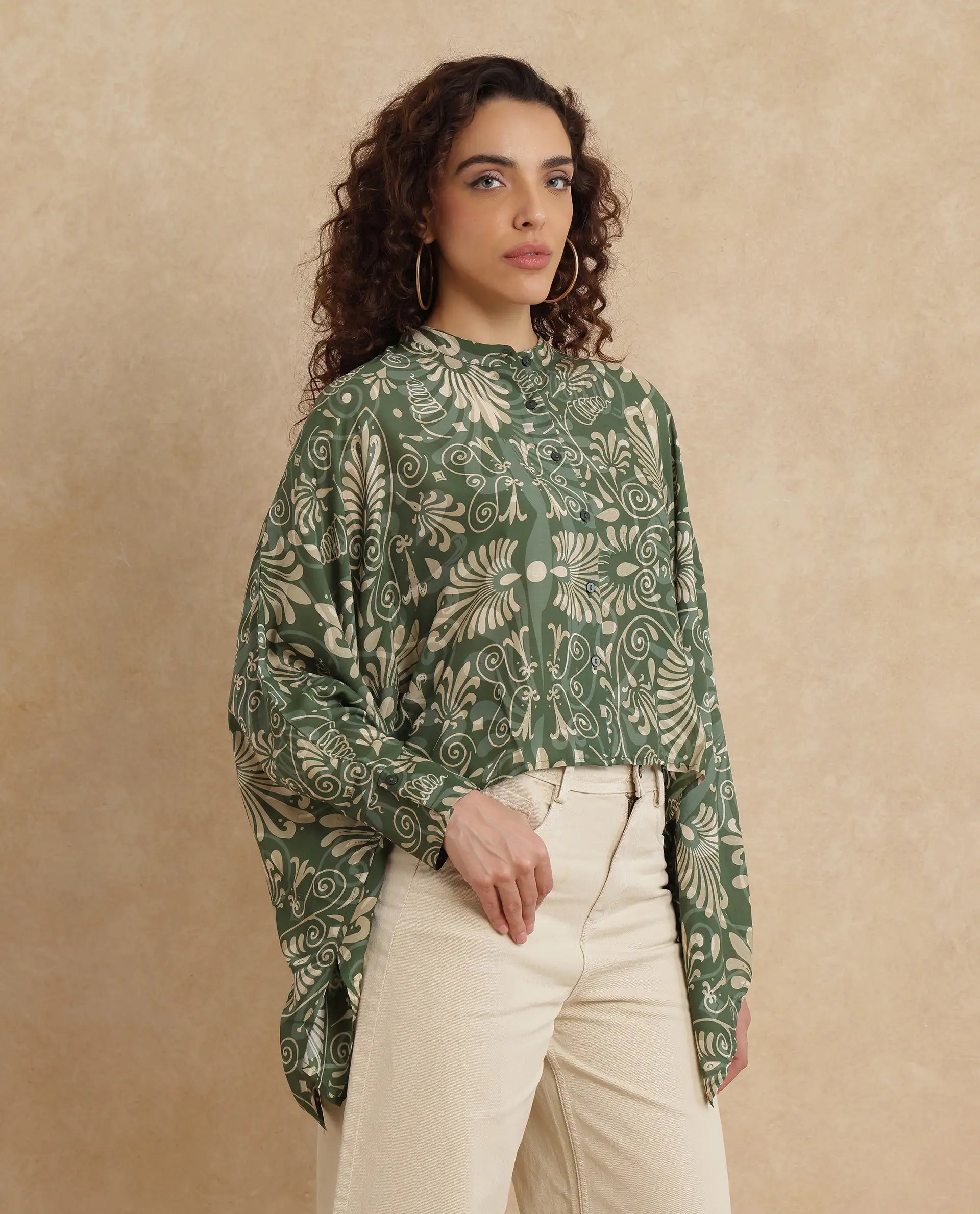 Rareism Women Rona Green Viscose Fabric Cuffed Sleeve Band Collar Relaxed Fit Ornamental Print Top