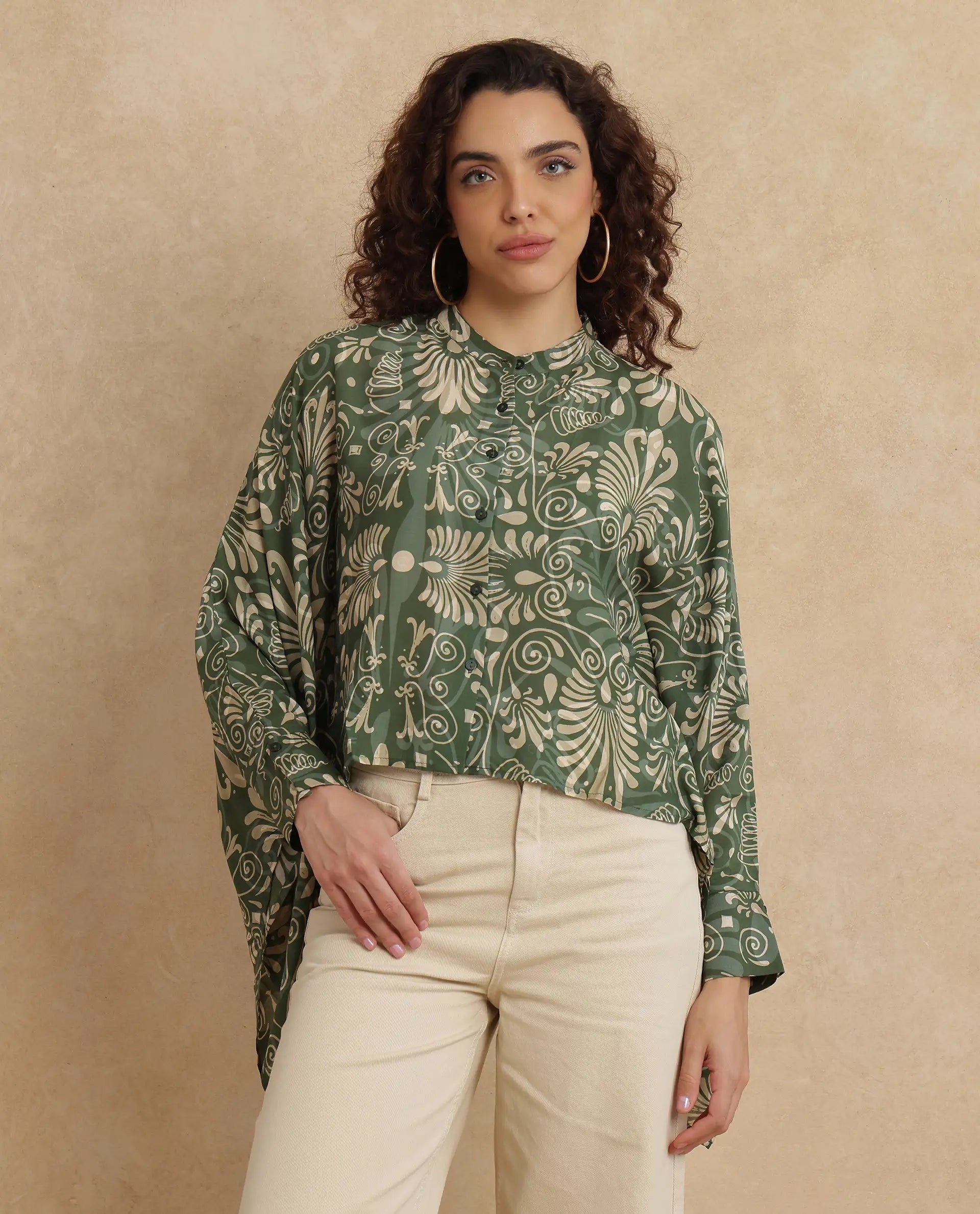 Rareism Women Rona Green Viscose Fabric Cuffed Sleeve Band Collar Relaxed Fit Ornamental Print Top