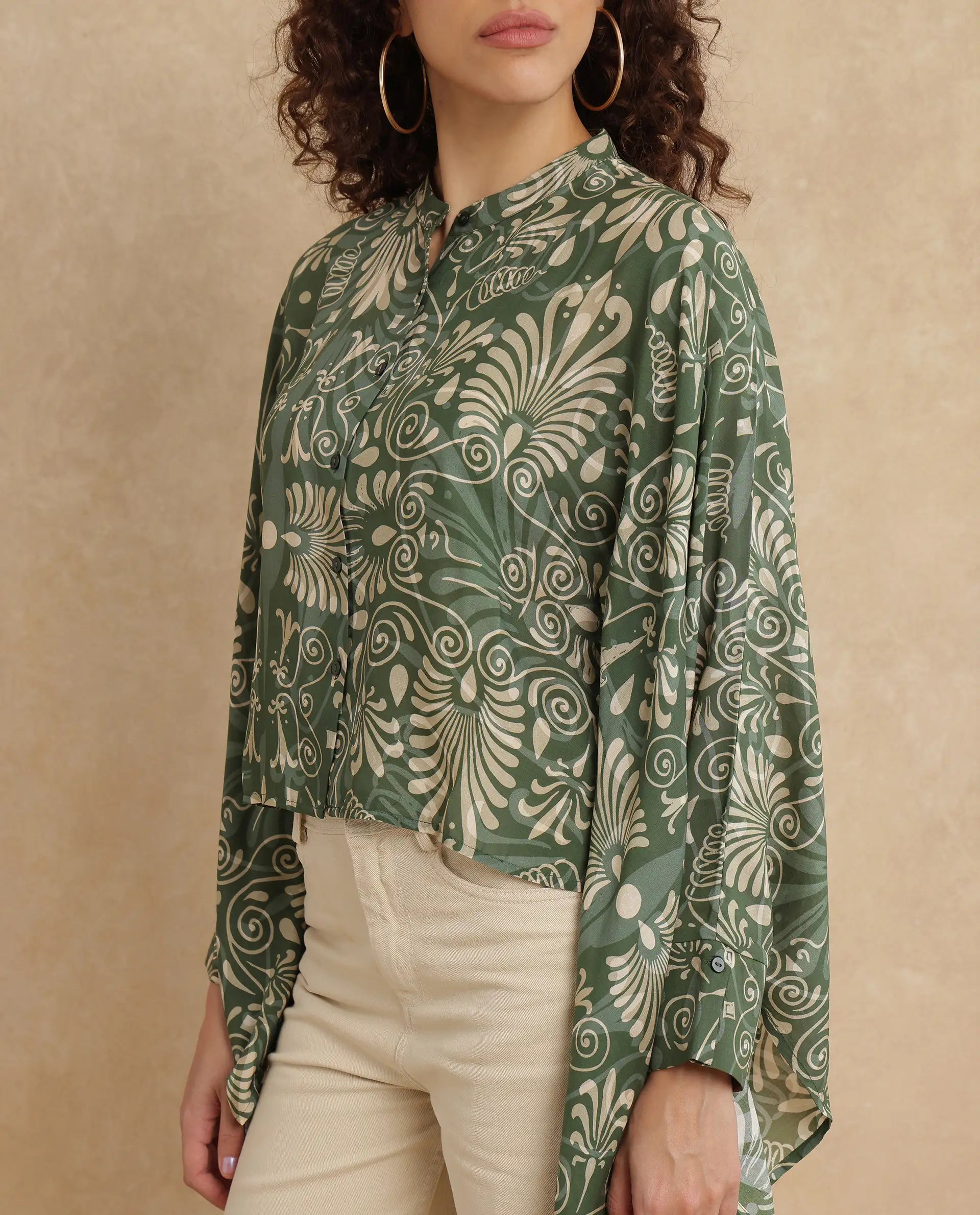 Rareism Women Rona Green Viscose Fabric Cuffed Sleeve Band Collar Relaxed Fit Ornamental Print Top