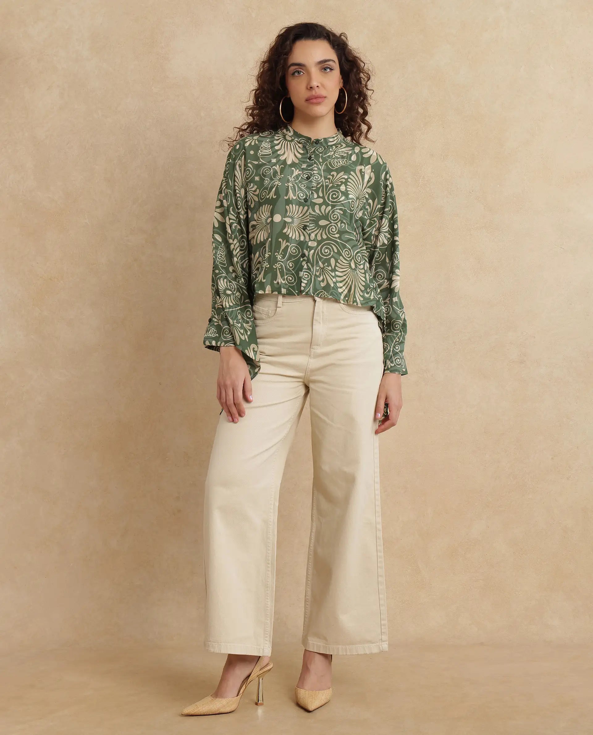 Rareism Women Rona Green Viscose Fabric Cuffed Sleeve Band Collar Relaxed Fit Ornamental Print Top