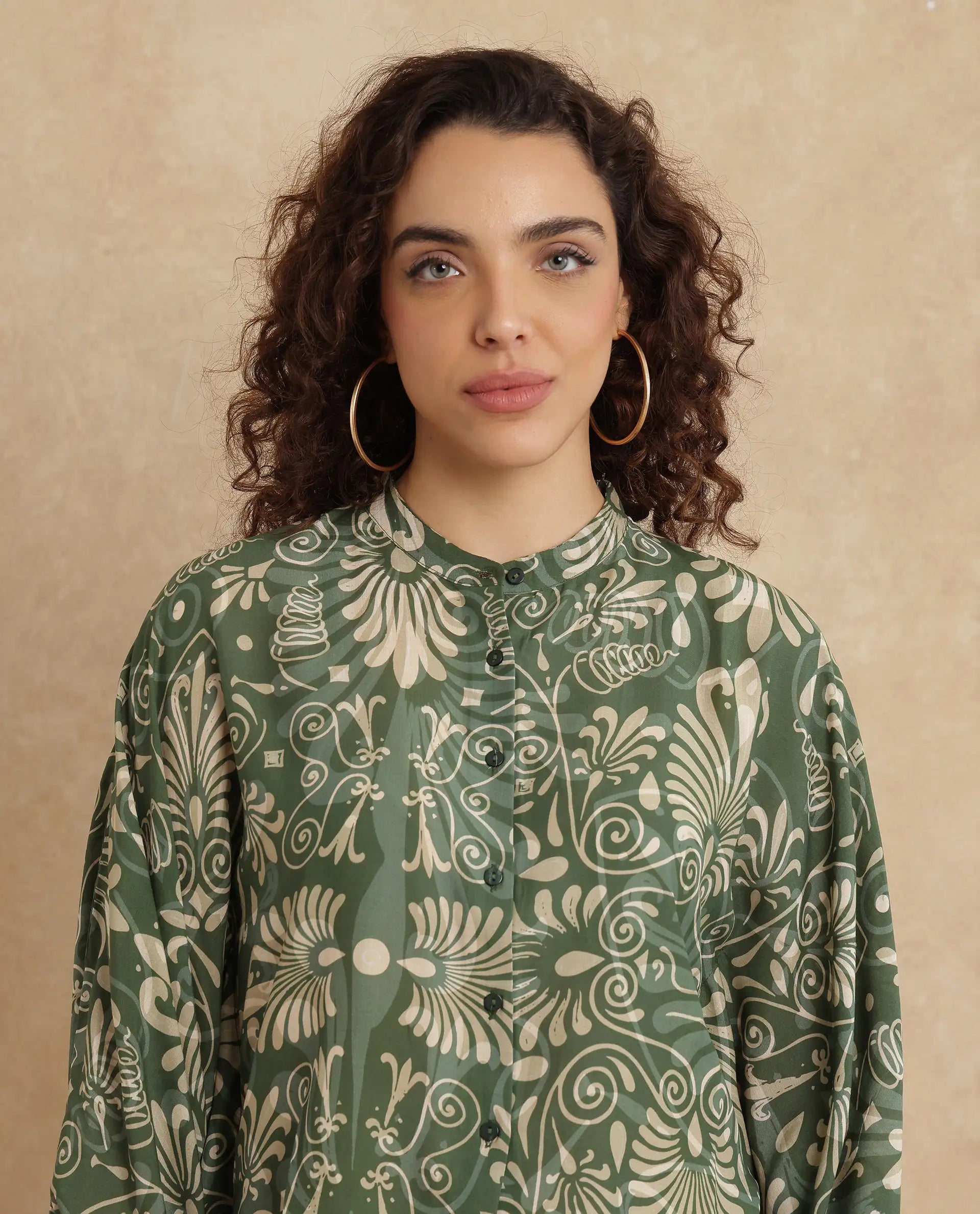 Rareism Women Rona Green Viscose Fabric Cuffed Sleeve Band Collar Relaxed Fit Ornamental Print Top