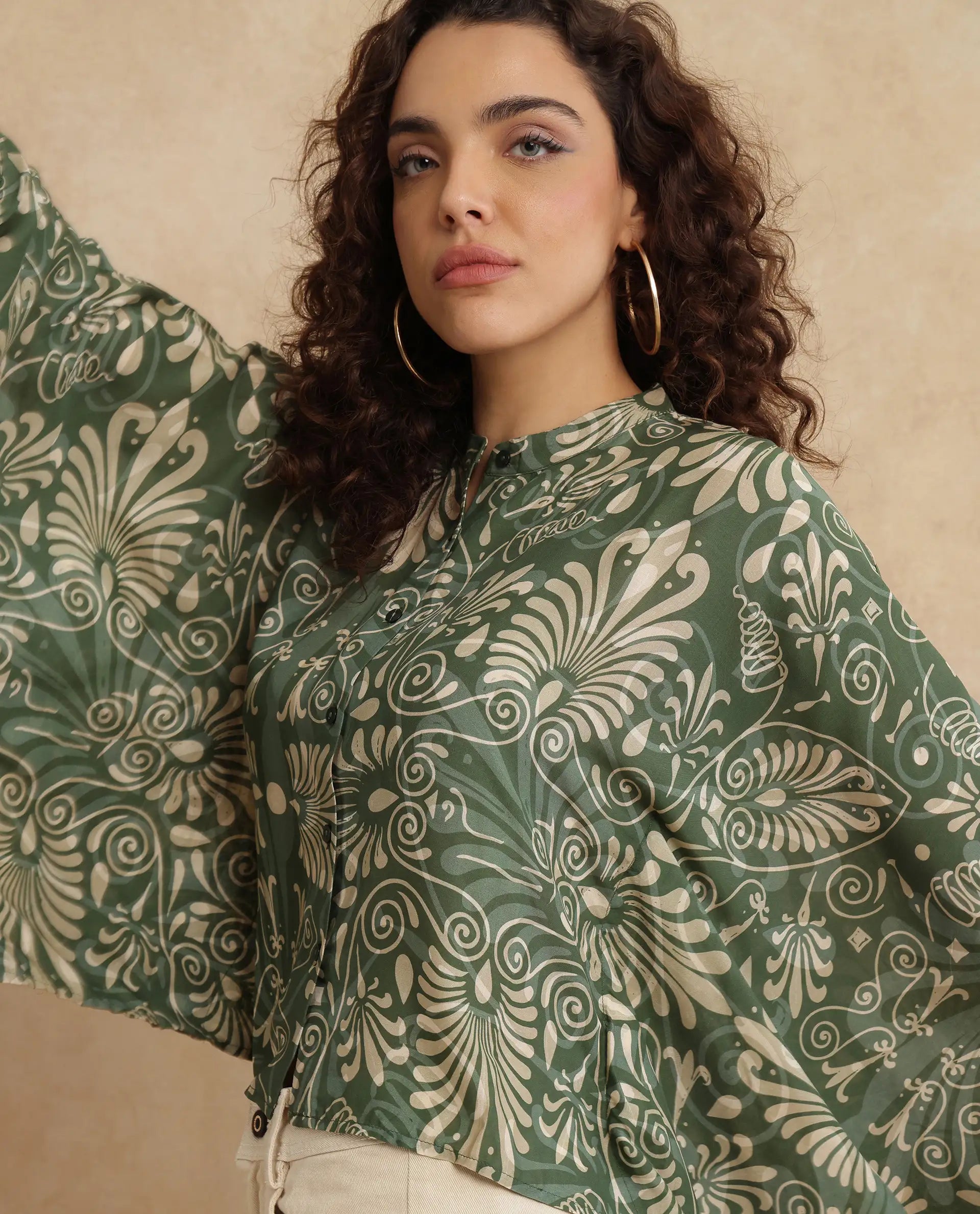 Rareism Women Rona Green Viscose Fabric Cuffed Sleeve Band Collar Relaxed Fit Ornamental Print Top