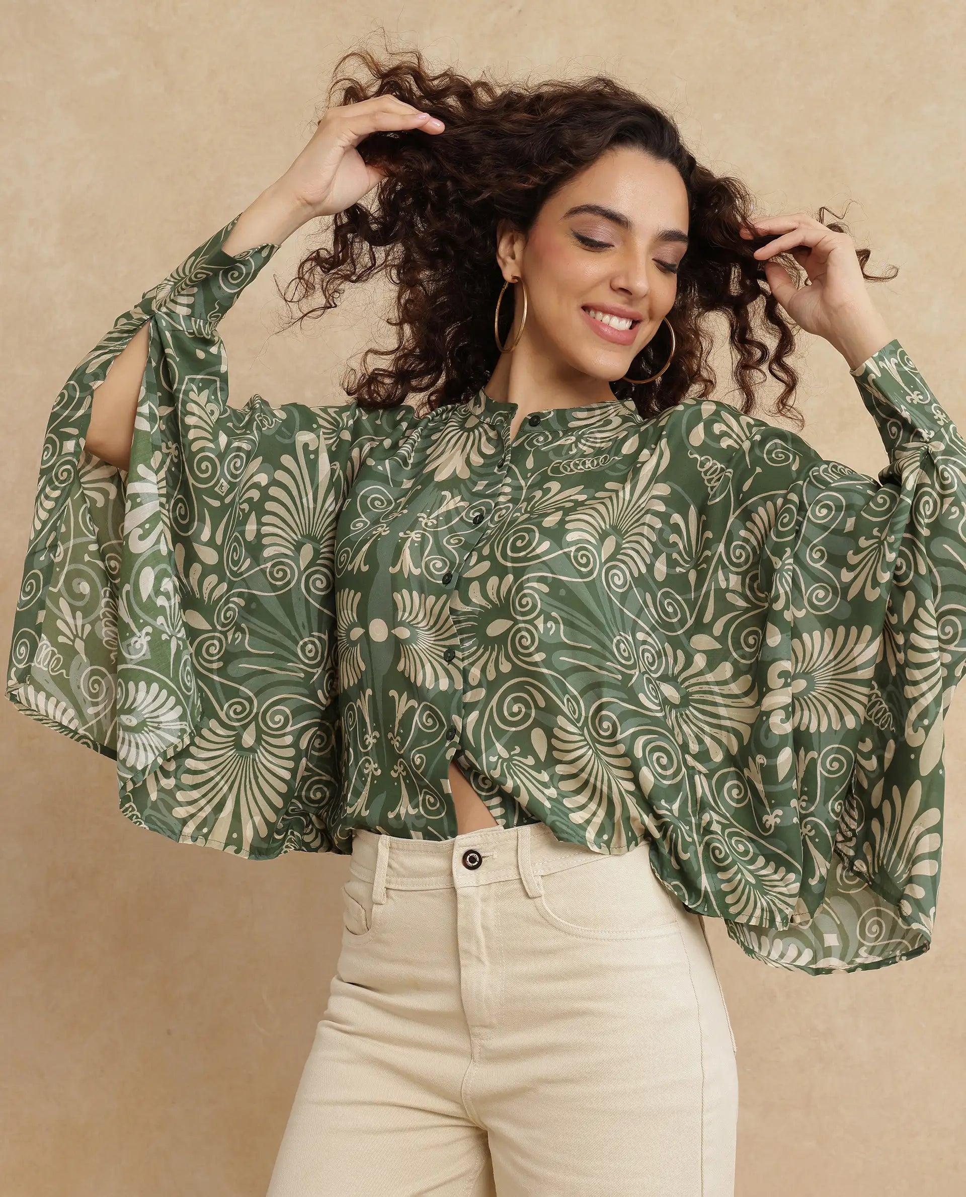 Rareism Women Rona Green Viscose Fabric Cuffed Sleeve Band Collar Relaxed Fit Ornamental Print Top