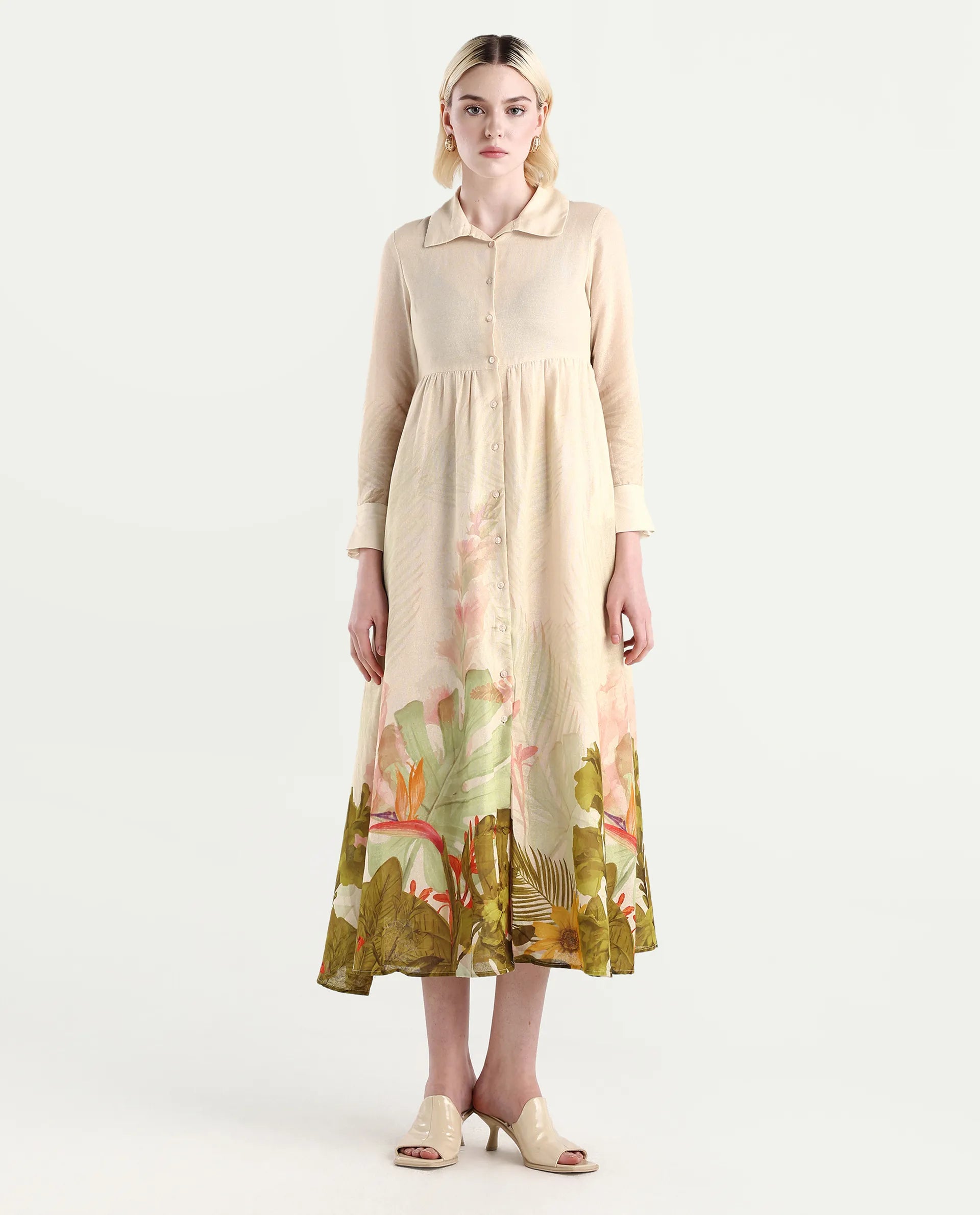 Rareism Women's Ronai Off White Cotton Spread Collar Tropical Print Cuffed Sleeve Maxi Flared Dress