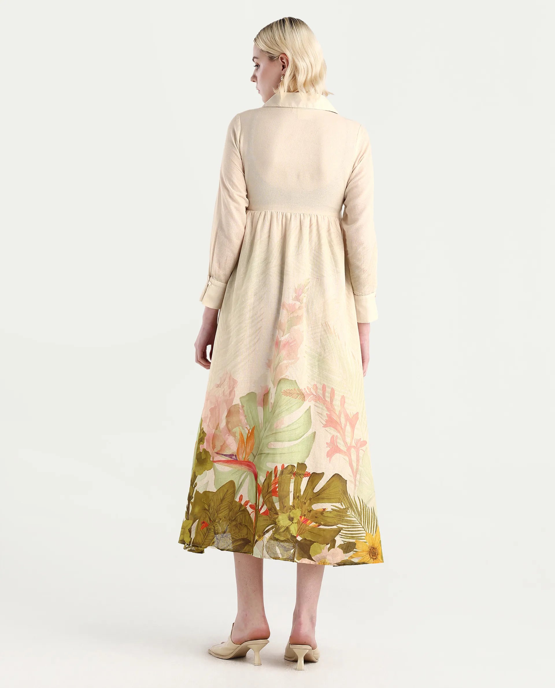 Rareism Women's Ronai Off White Cotton Spread Collar Tropical Print Cuffed Sleeve Maxi Flared Dress