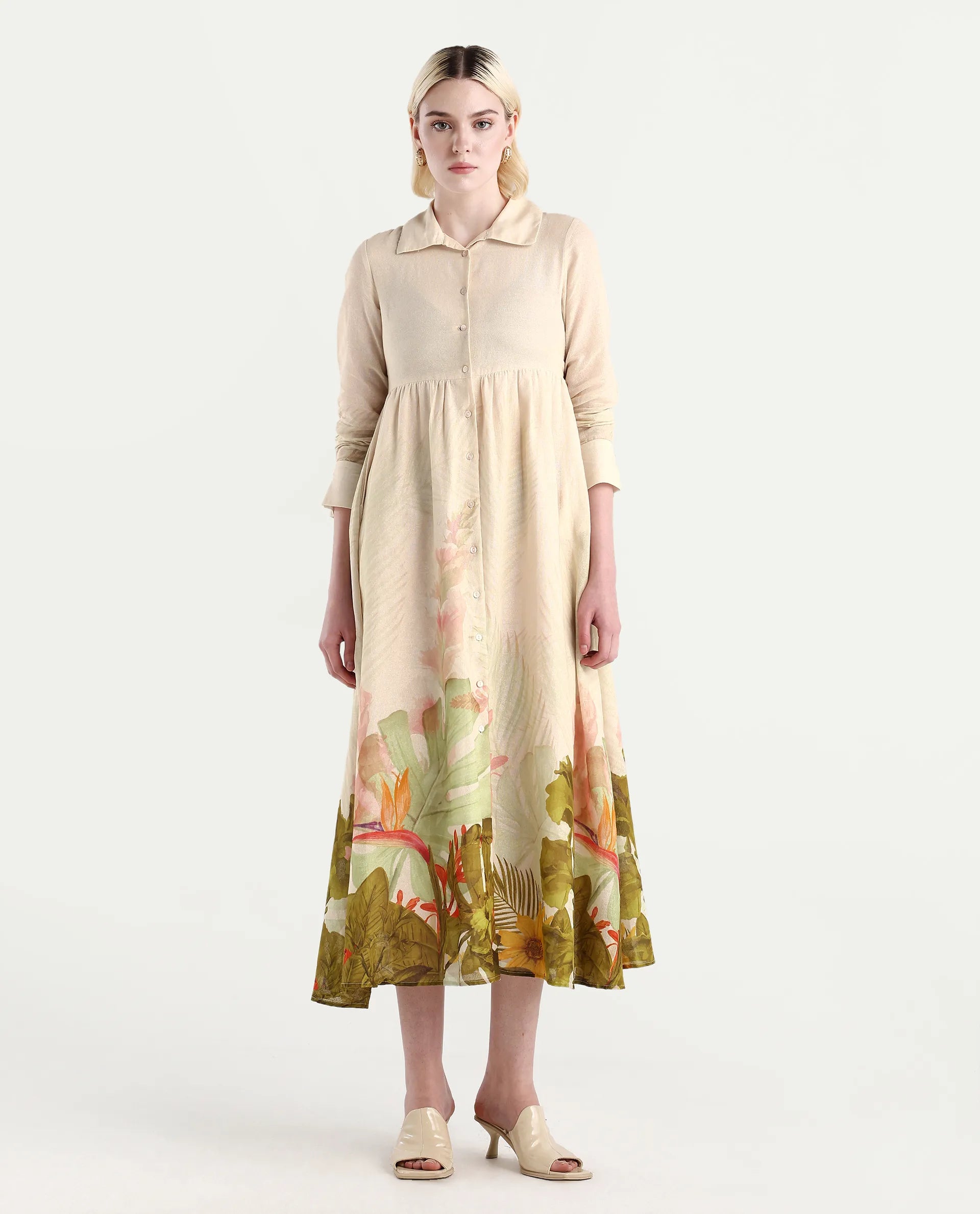 Rareism Women's Ronai Off White Cotton Spread Collar Tropical Print Cuffed Sleeve Maxi Flared Dress