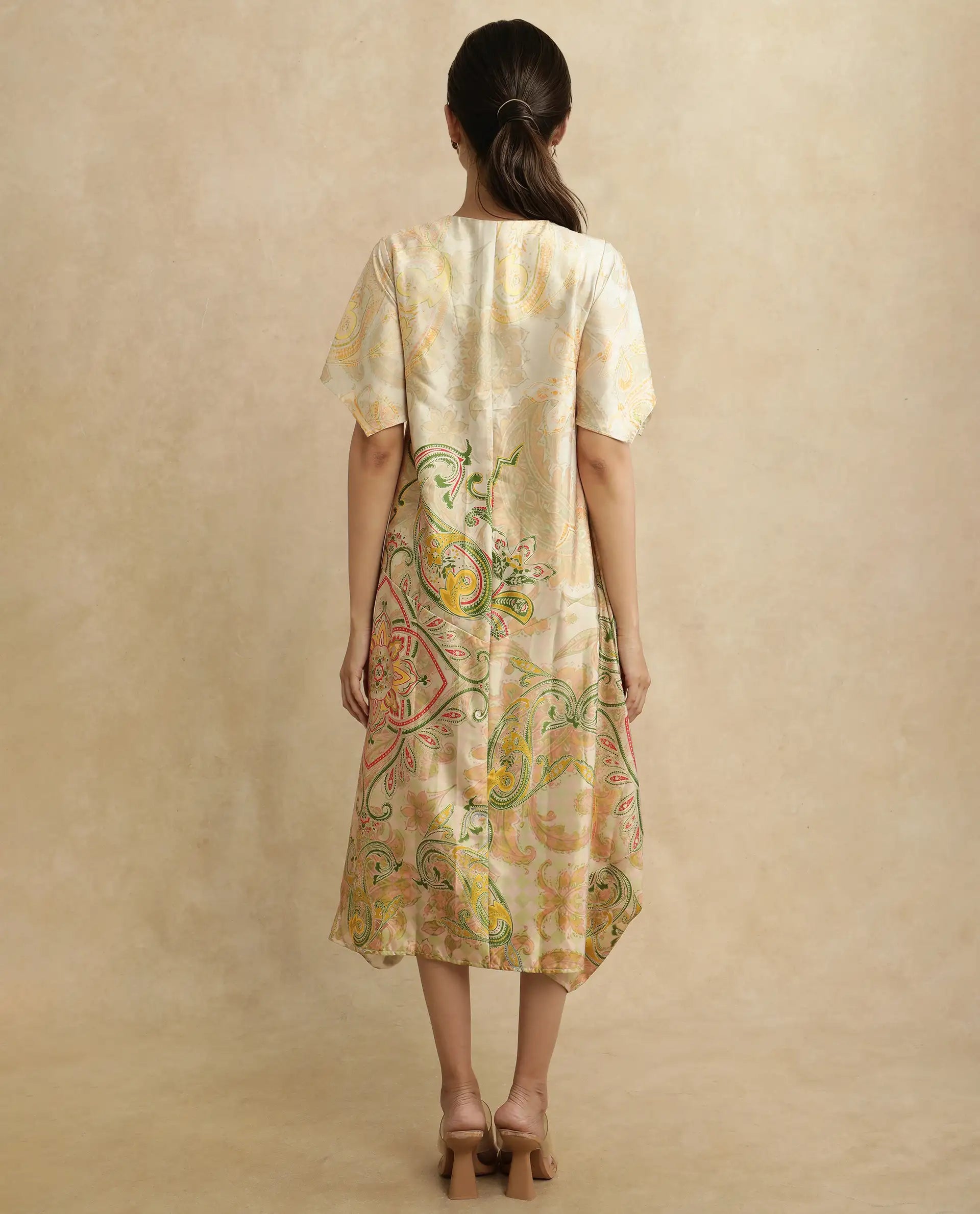 Rareism Women Ronak Beige Polyester Blend Fabric Sleeveless Halter Neck A-Line Midi Paisley Print Dress