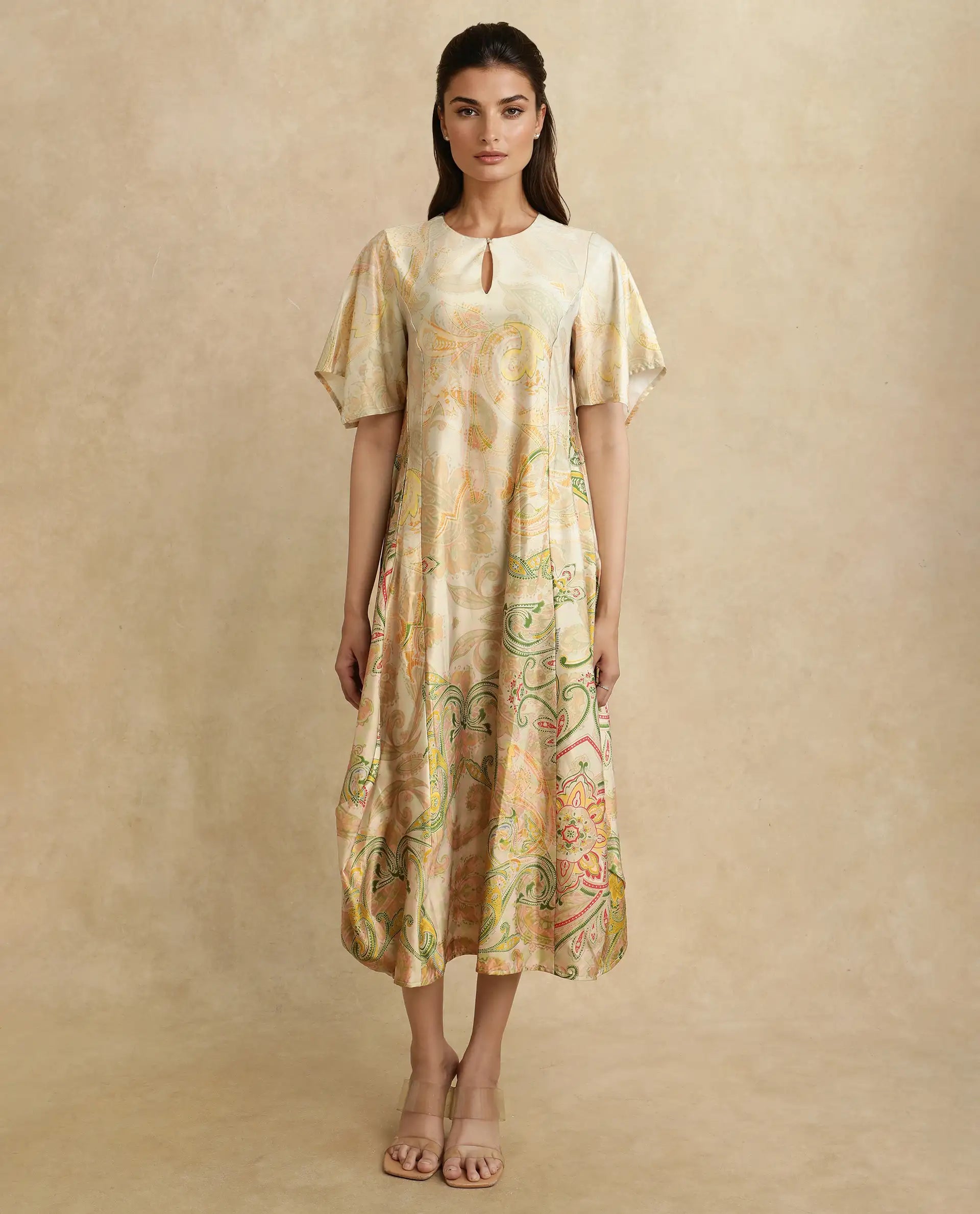 Rareism Women Ronak Beige Polyester Blend Fabric Sleeveless Halter Neck A-Line Midi Paisley Print Dress