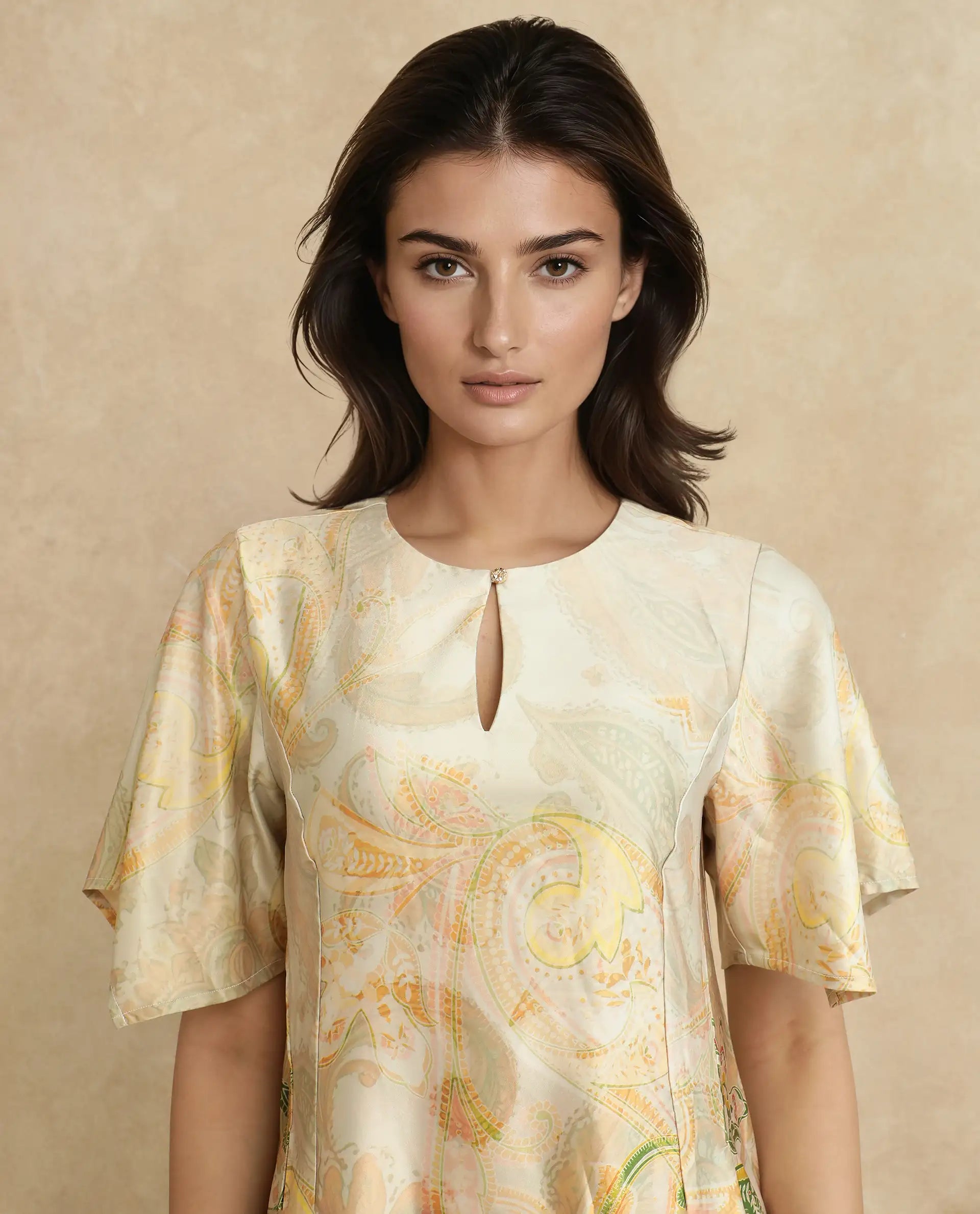 Rareism Women Ronak Beige Polyester Blend Fabric Sleeveless Halter Neck A-Line Midi Paisley Print Dress