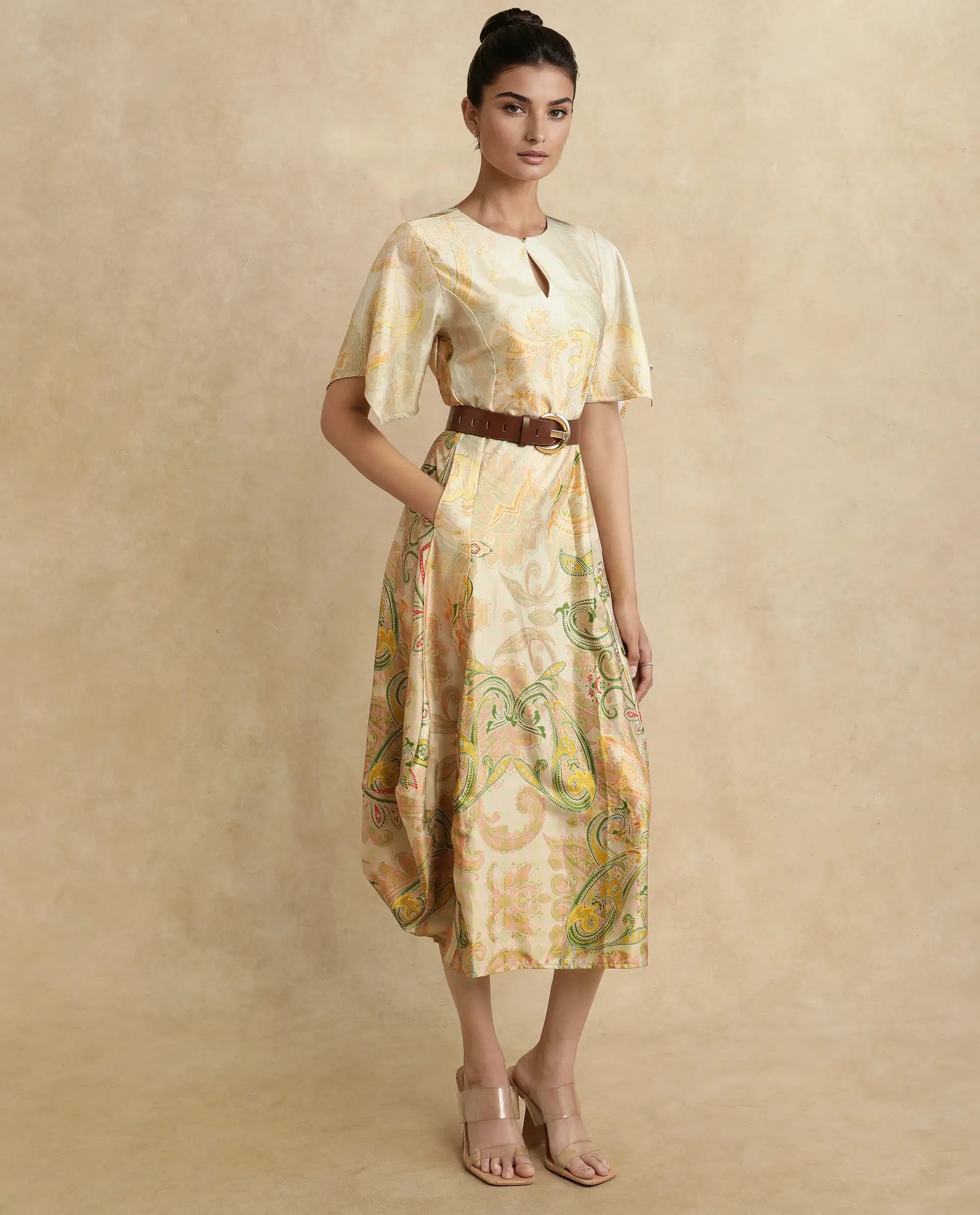 Rareism Women Ronak Beige Polyester Blend Fabric Sleeveless Halter Neck A-Line Midi Paisley Print Dress