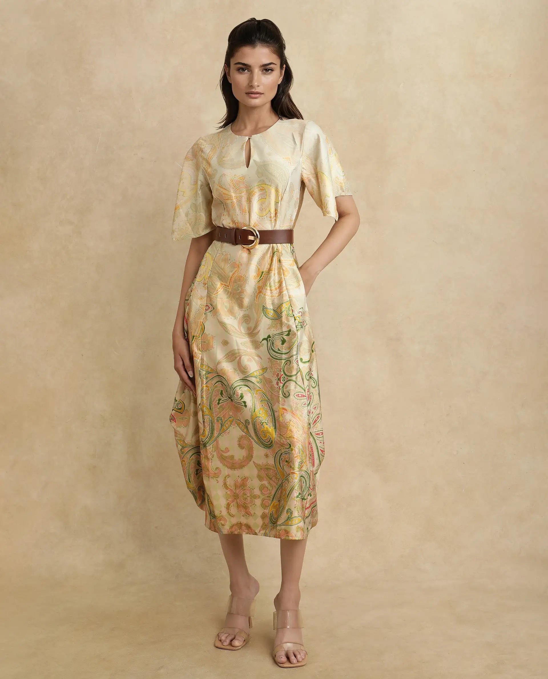 Rareism Women Ronak Beige Polyester Blend Fabric Sleeveless Halter Neck A-Line Midi Paisley Print Dress