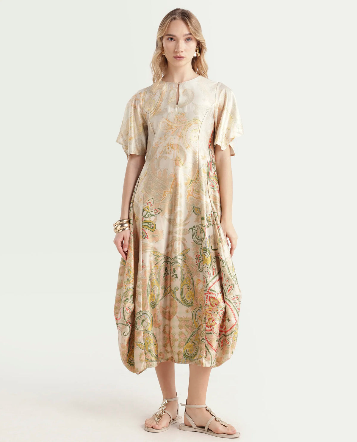 Rareism Women's Ronak Beige Polyester Blend Key Hole Neck Paisley Print Asymmetric Sleeve Midi Relaxed Fit Dress