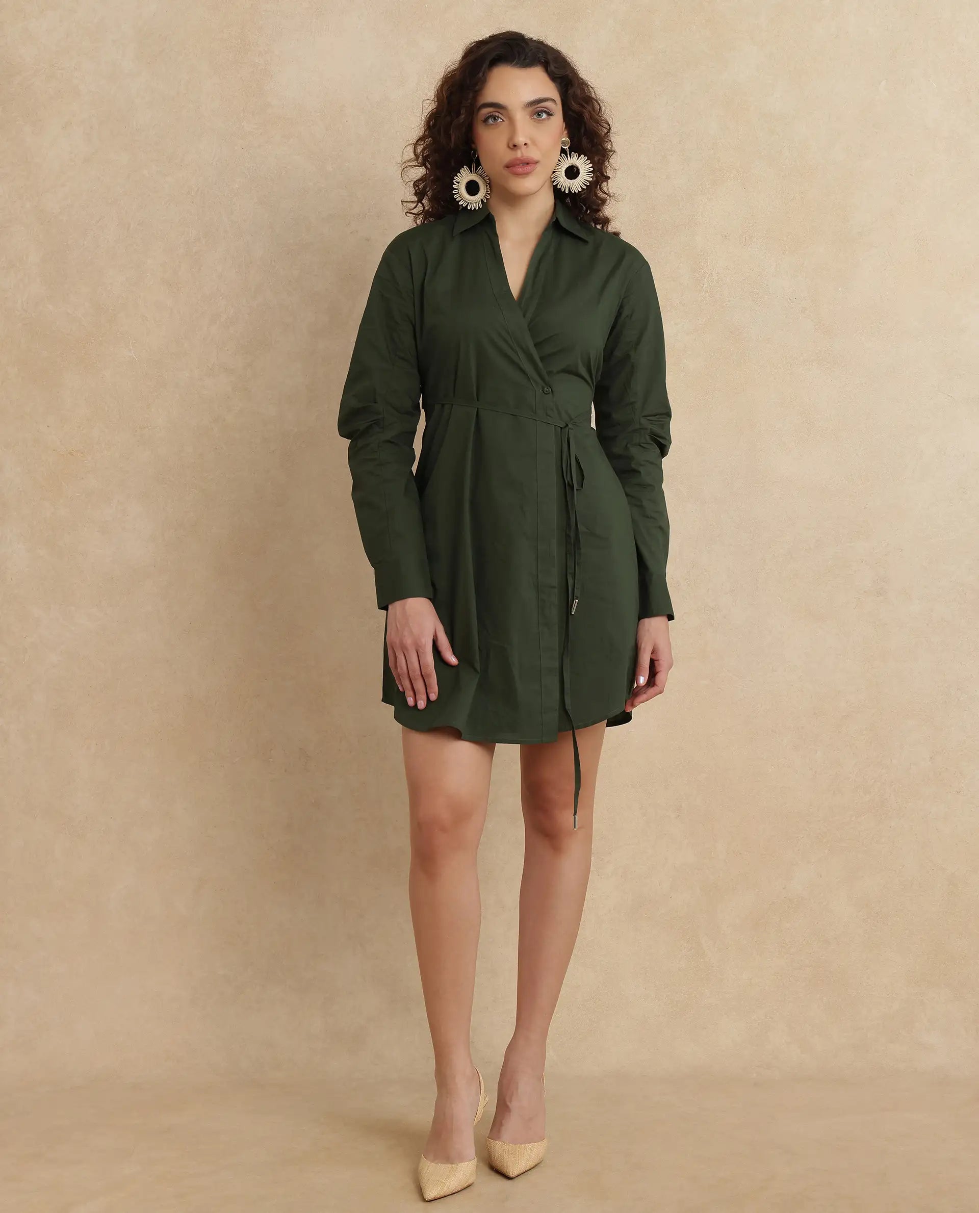 Rareism Women Ronal Dark Olive Cotton Fabric Cuffed Sleeve Collared Neck A-Line Knee Length Plain Dress