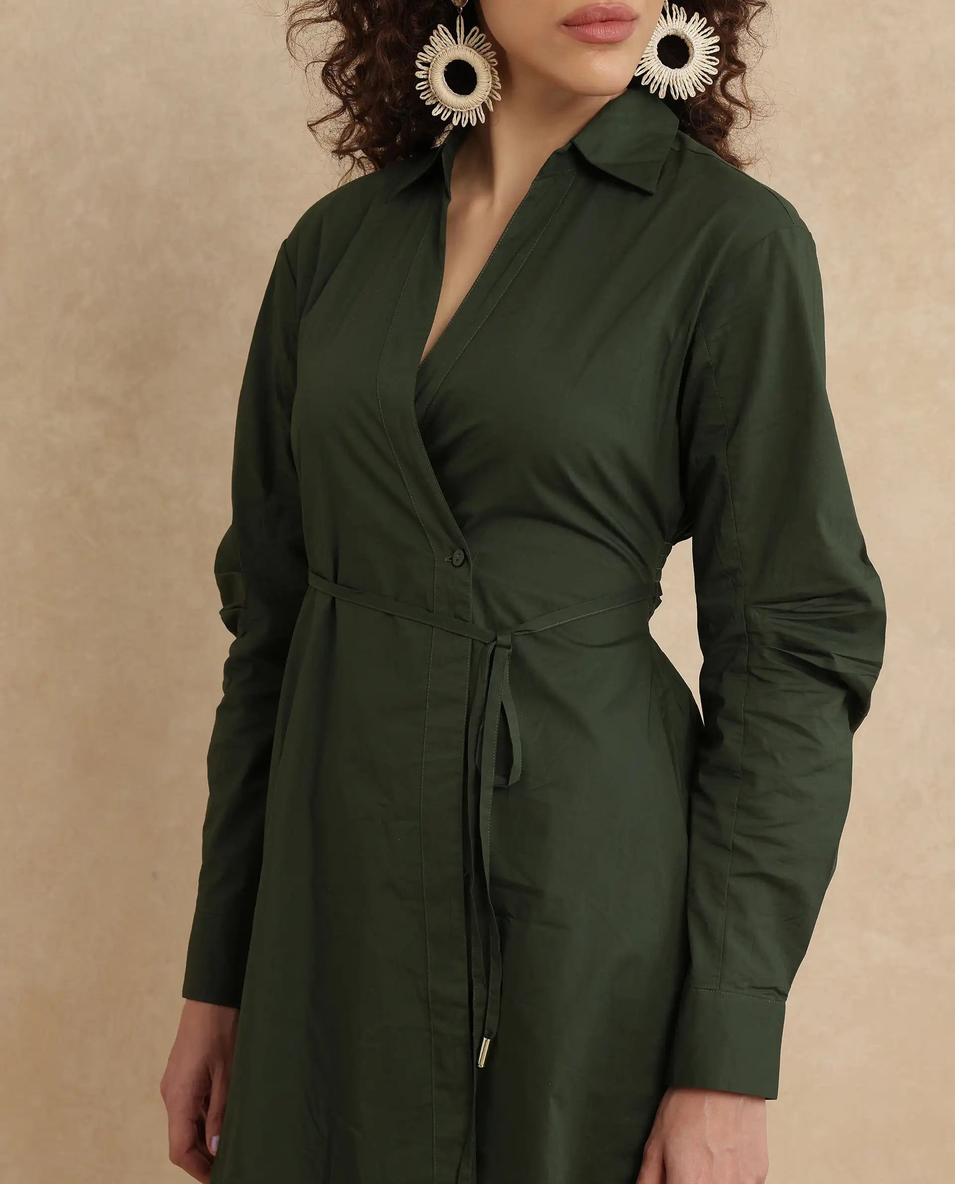 Rareism Women Ronal Dark Olive Cotton Fabric Cuffed Sleeve Collared Neck A-Line Knee Length Plain Dress