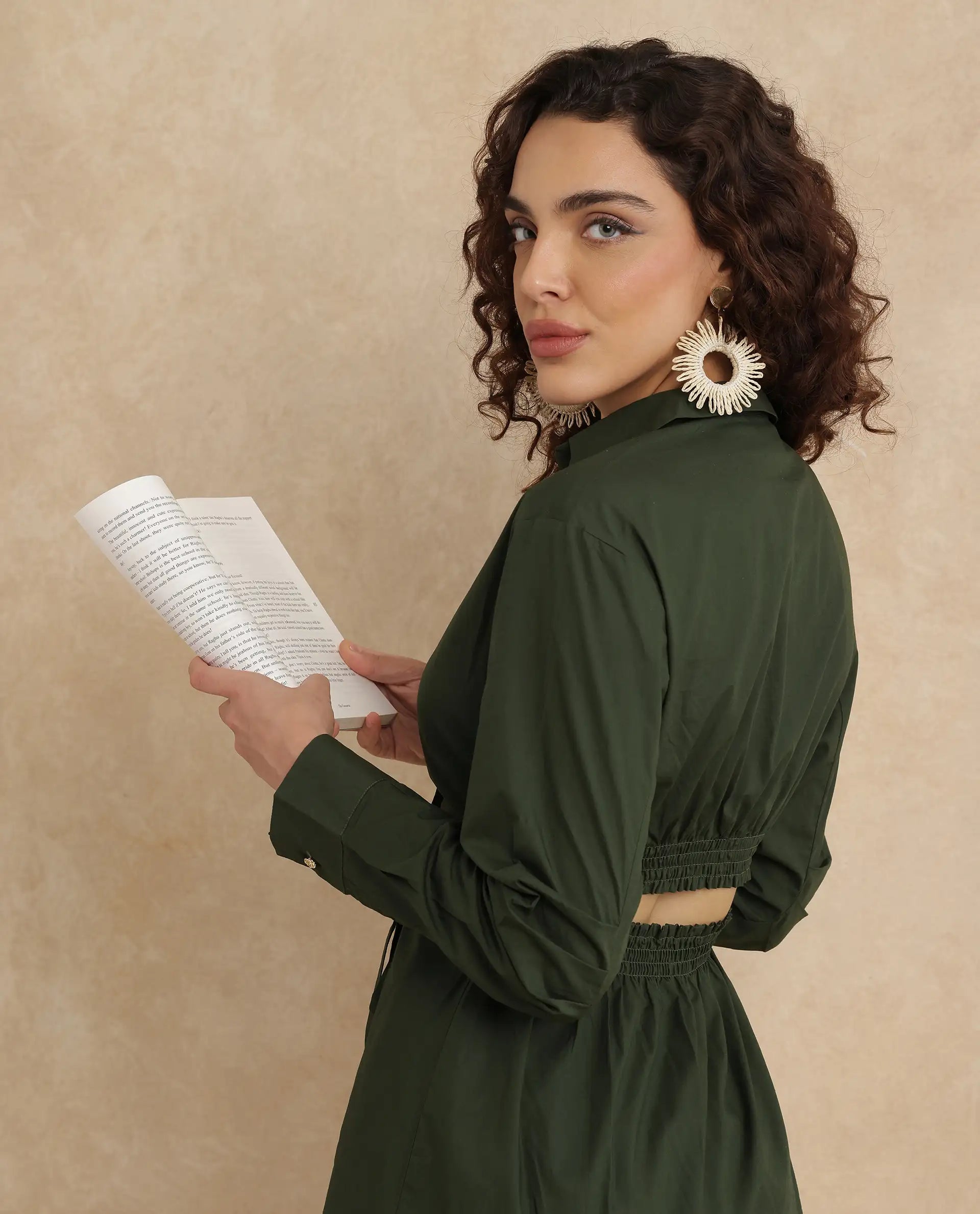 Rareism Women Ronal Dark Olive Cotton Fabric Cuffed Sleeve Collared Neck A-Line Knee Length Plain Dress