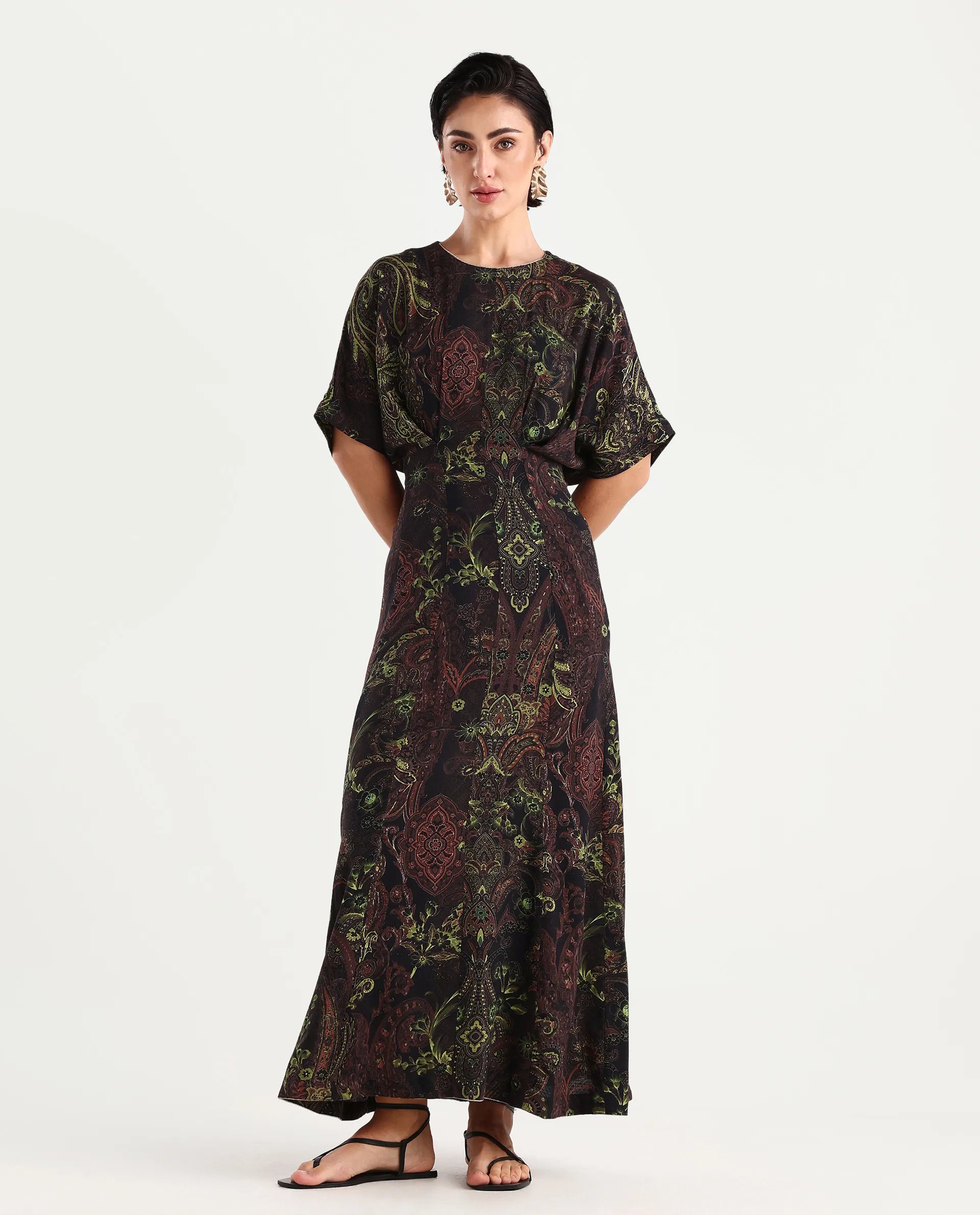 Rareism Women's Ronam Dark Multi Viscose Round Neck Paisley Print Kimono Sleeve Maxi Flared Dress