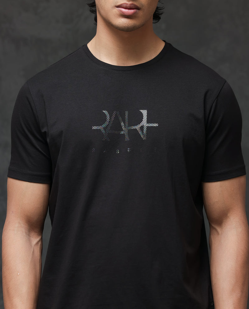 Rare Rabbit Men's Ronan Black Cotton Lycra Fabric Half Sleeves Graphic Print T-Shirt