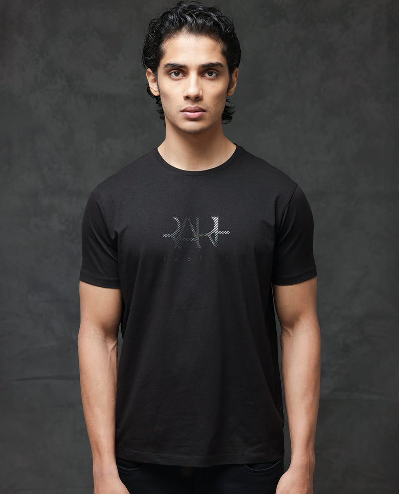 Rare Rabbit Men's Ronan Black Cotton Lycra Fabric Half Sleeves Graphic Print T-Shirt