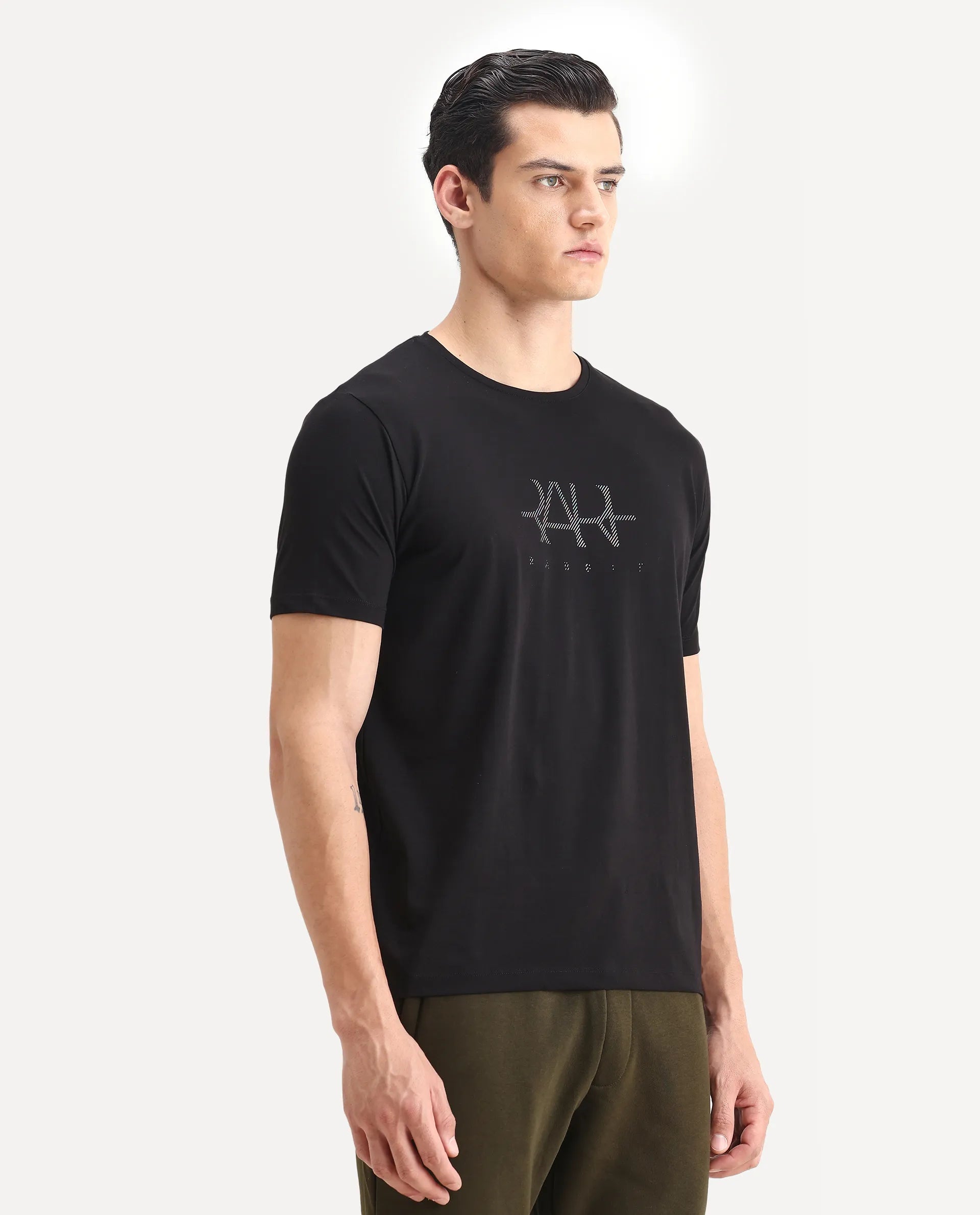 Rare Rabbit Men's Ronan Black Cotton Blend Graphic Print Regular Fit Half Sleeve Crew Neck T-Shirt