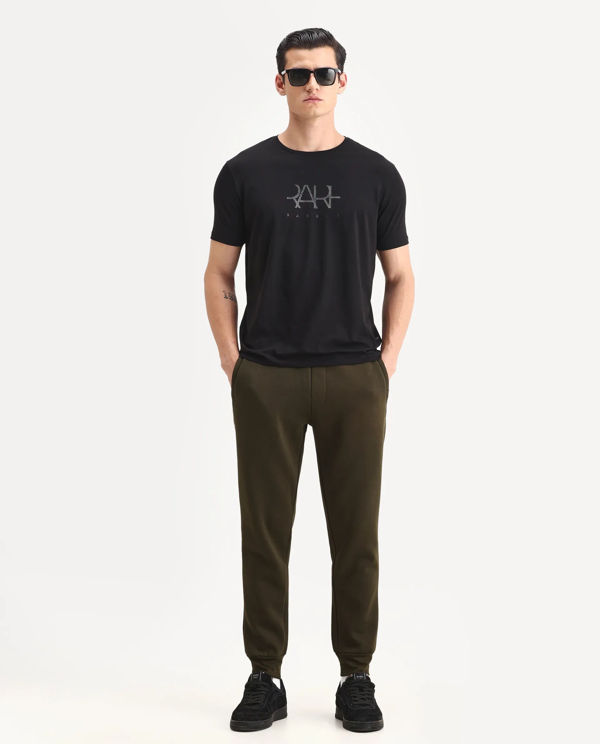 Rare Rabbit Men's Ronan Black Cotton Blend Graphic Print Regular Fit Half Sleeve Crew Neck T-Shirt