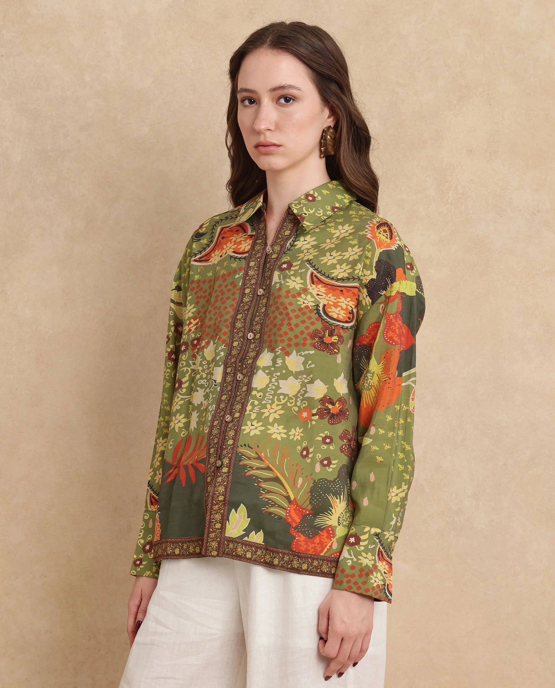 Rareism Women Ronan Multi Viscose Blend Fabric Cuffed Sleeve Collared Neck Regular Fit Abstract Print Shirt