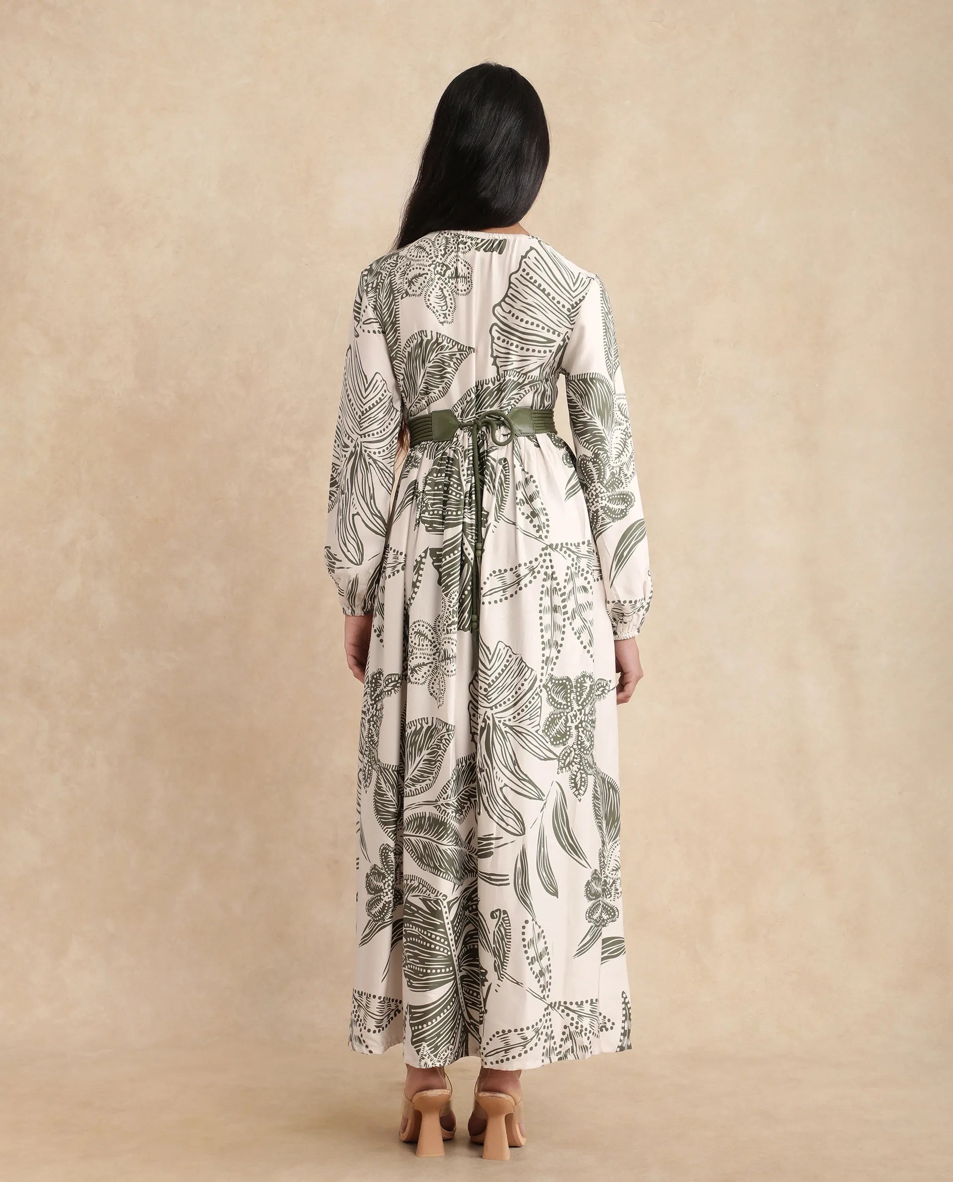 Rareism Women Ronap Beige Modal Fabric Bishop Sleeves V-Neck Fit And Flare Maxi Floral Print Dress