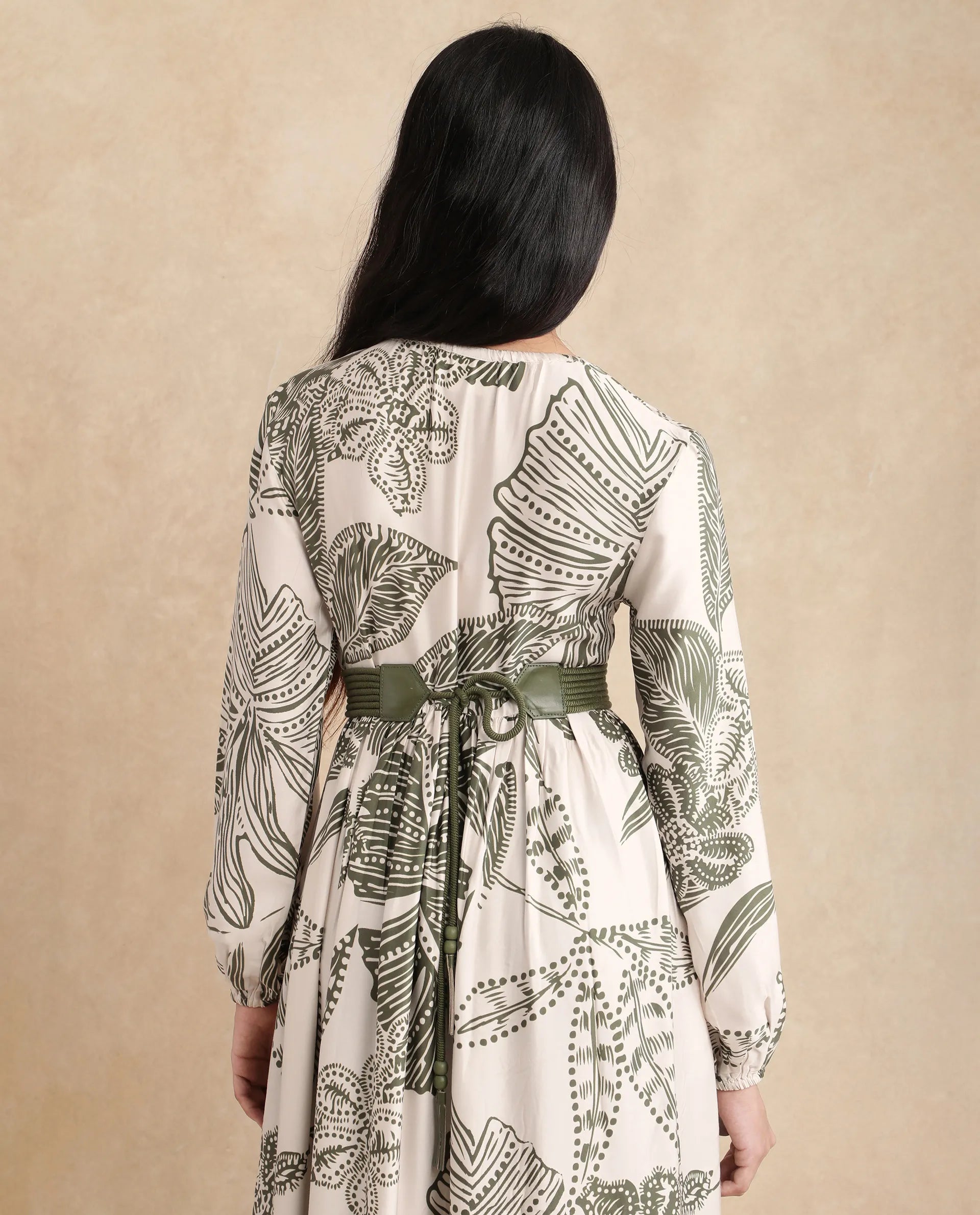 Rareism Women Ronap Beige Modal Fabric Bishop Sleeves V-Neck Fit And Flare Maxi Floral Print Dress