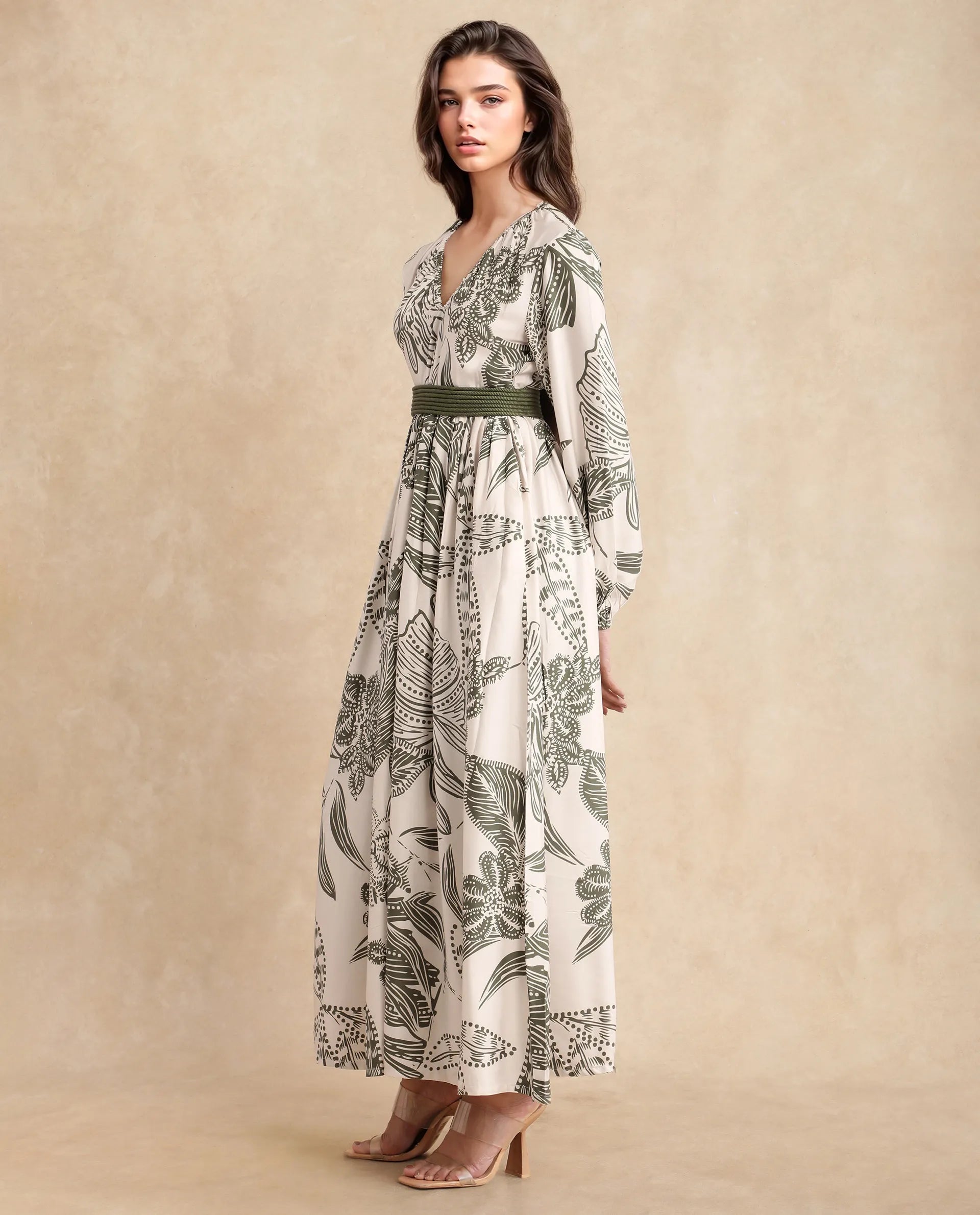 Rareism Women Ronap Beige Modal Fabric Bishop Sleeves V-Neck Fit And Flare Maxi Floral Print Dress