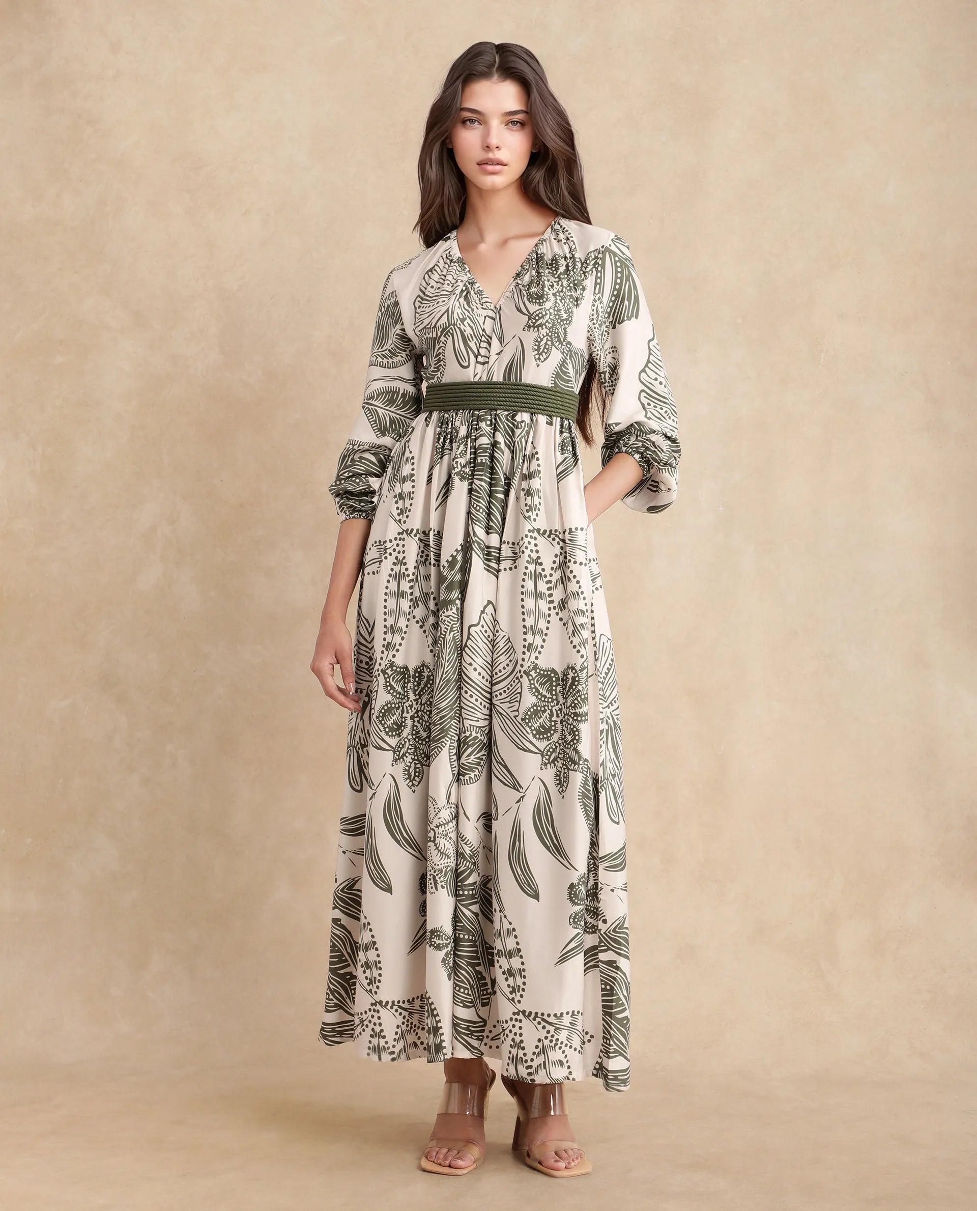 Rareism Women Ronap Beige Modal Fabric Bishop Sleeves V-Neck Fit And Flare Maxi Floral Print Dress