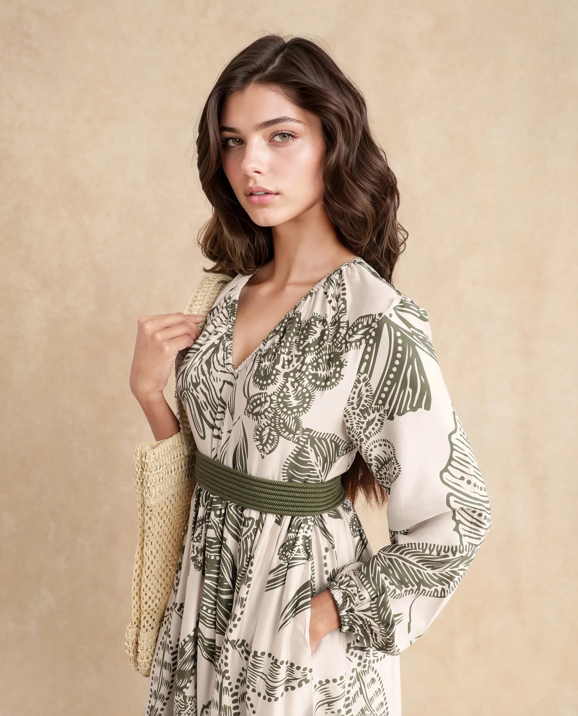 Rareism Women Ronap Beige Modal Fabric Bishop Sleeves V-Neck Fit And Flare Maxi Floral Print Dress