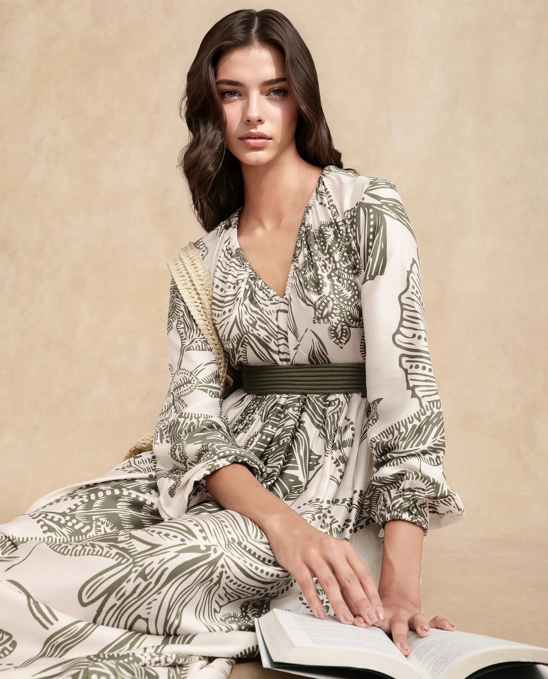 Rareism Women Ronap Beige Modal Fabric Bishop Sleeves V-Neck Fit And Flare Maxi Floral Print Dress