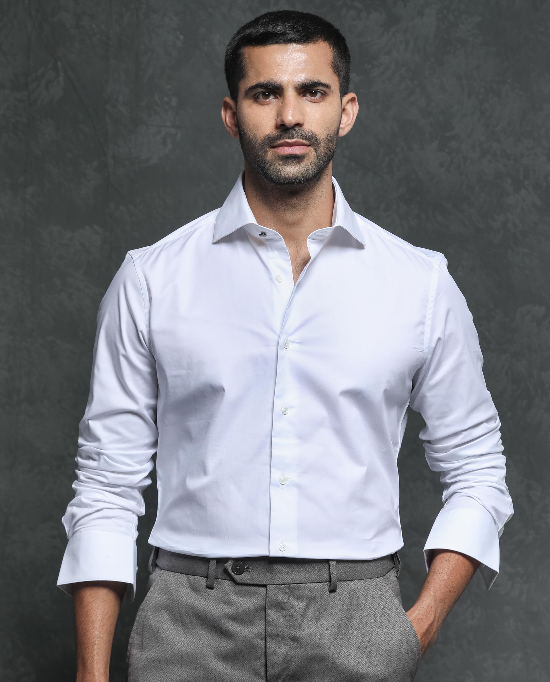 Rare Rabbit Men's Ronas White Cotton Fabric Full Sleeves Solid Shirt